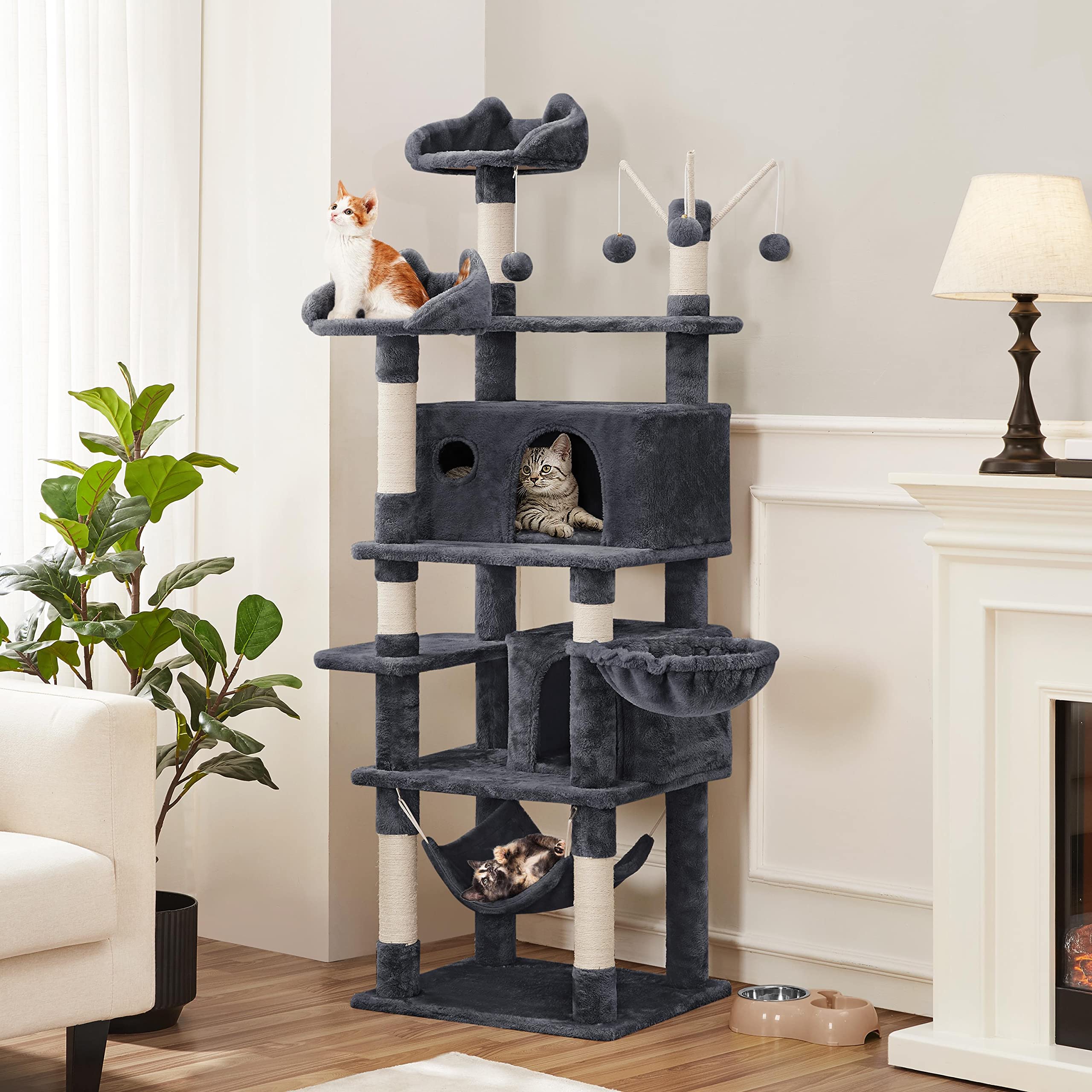 Yaheetech Cat Tower, 67In Condos With 3 Removable Kitty Teaser Sticks, Hammock, Scratching Posts, Basket For Indoor Large Kitten