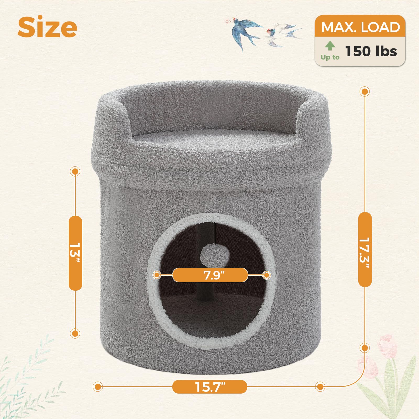 Petepela Cat Condo House With Tree, Cave Bed & Removable Flower Cat Cushion - 20X20X16 Inches, Brown