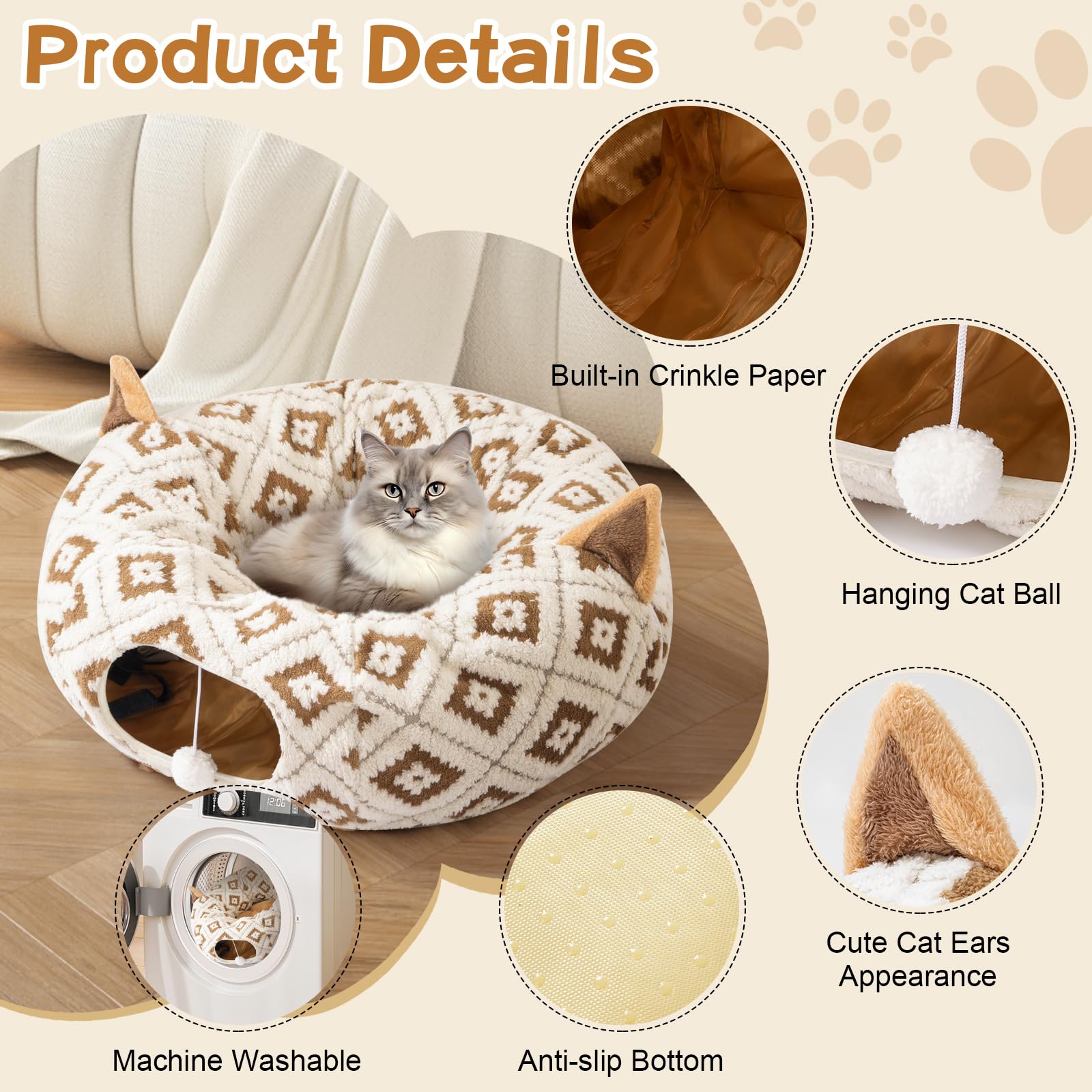 Cat Tunnel Bed For Indoor Cats, Cat Donut Tunnel With Washable Cushion, Peekaboo Cat Cave Toy, Multifunctional Playground Toys F