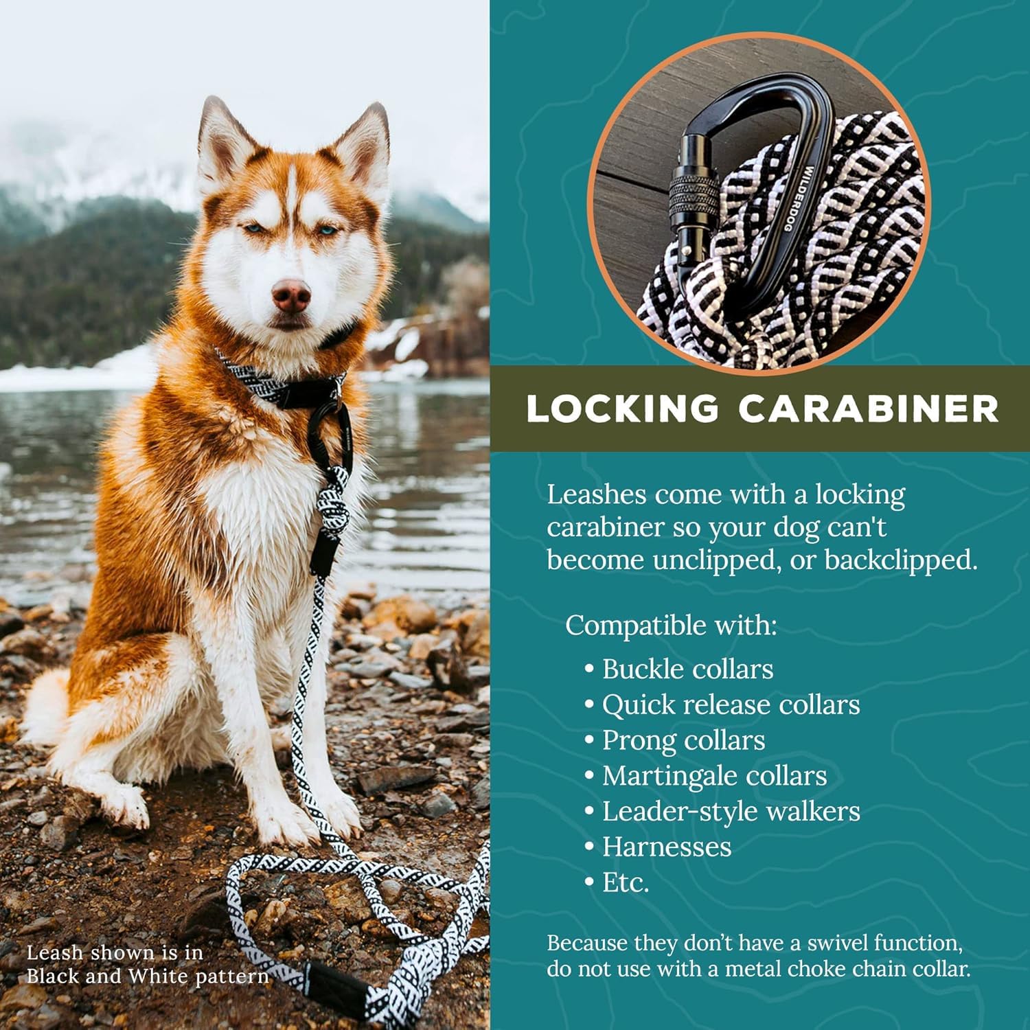 Wilderdog Carabiner Climbing Rope Dog Leash For Medium & Large Dogs - 10Ft - Black & White