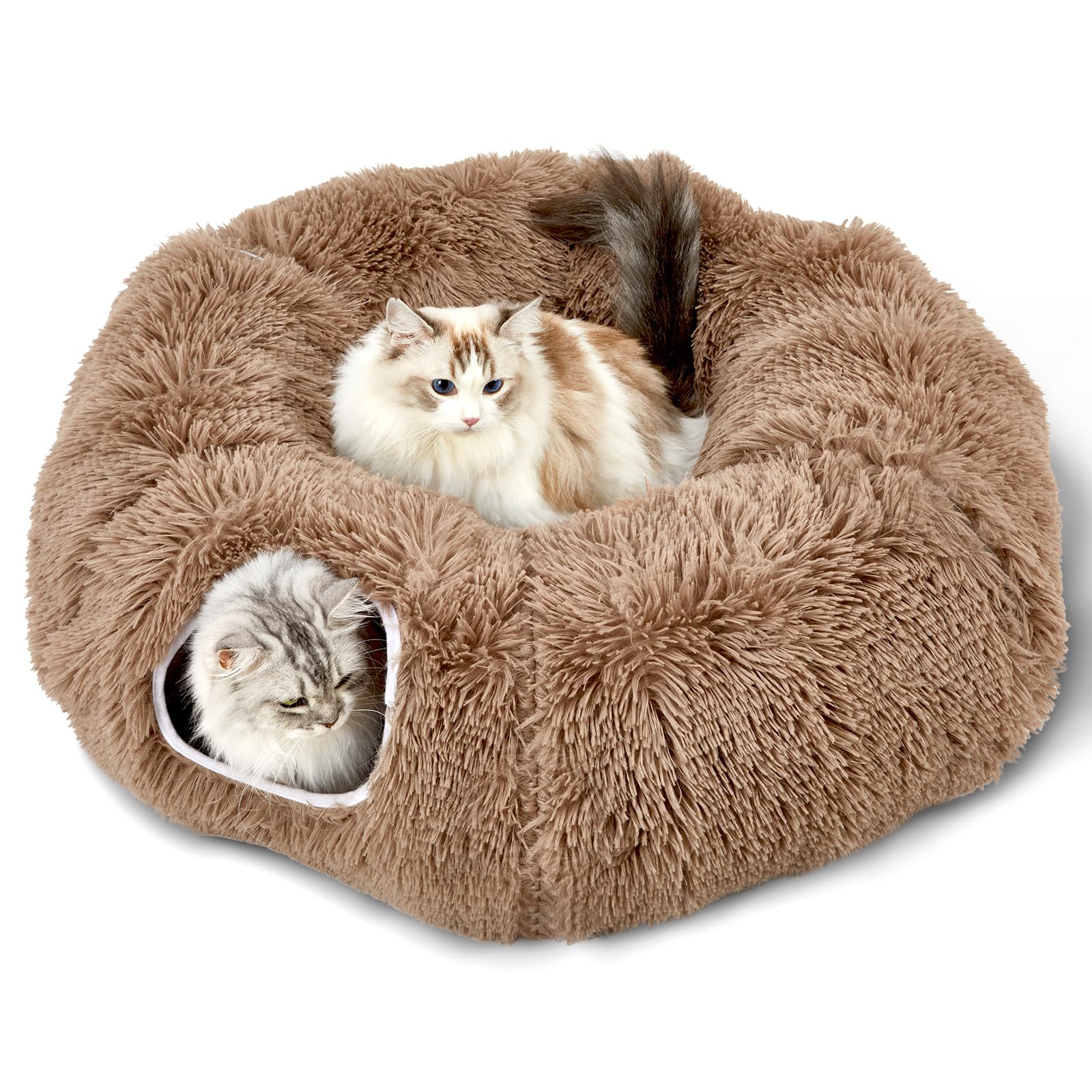 Bininl Cat Tunnel Bed For Indoor Cats Peekaboo Cave Donut With Washable Circle Cushion Interior Cat Play Tunnel (34 Inch, Brown)