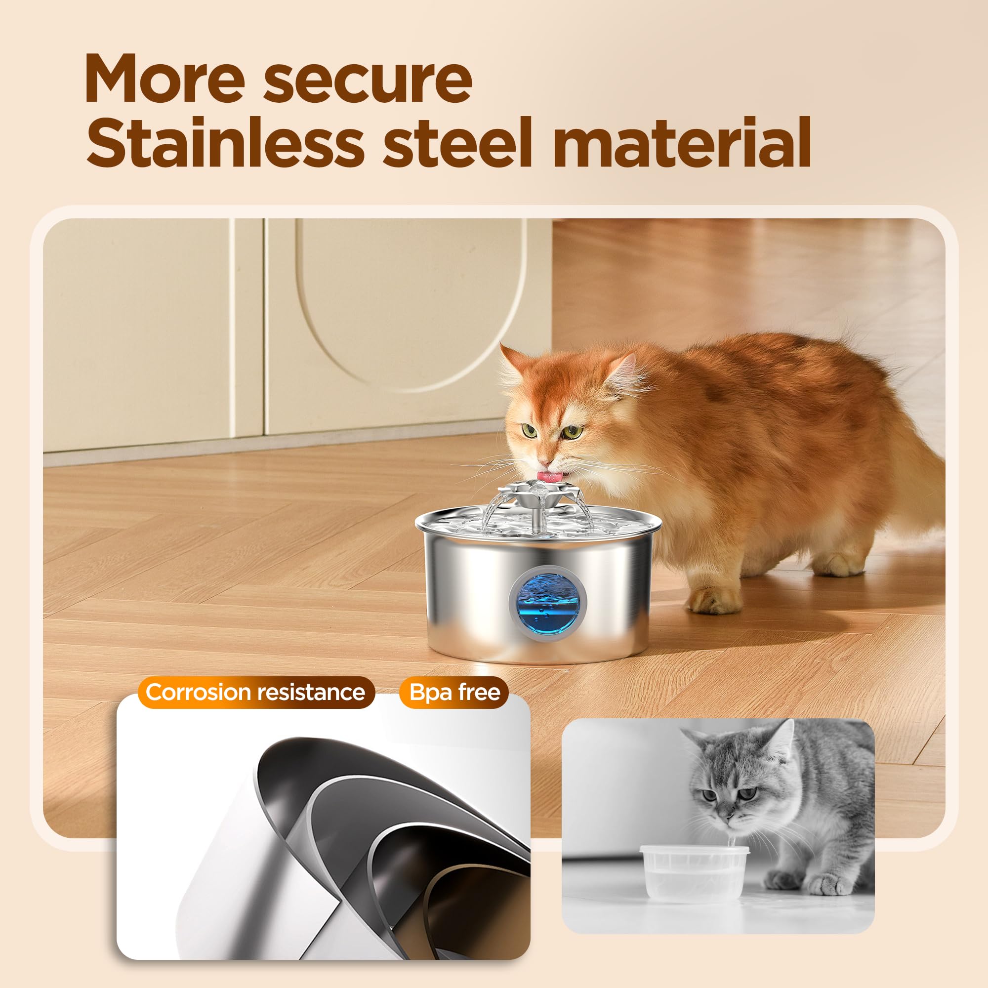 Cat Water Fountain Stainless Steel: 88oz/2.6L Pet Drinking Fountains with 6 Filters Water Bowl for Cats Inside with Flower Kitty