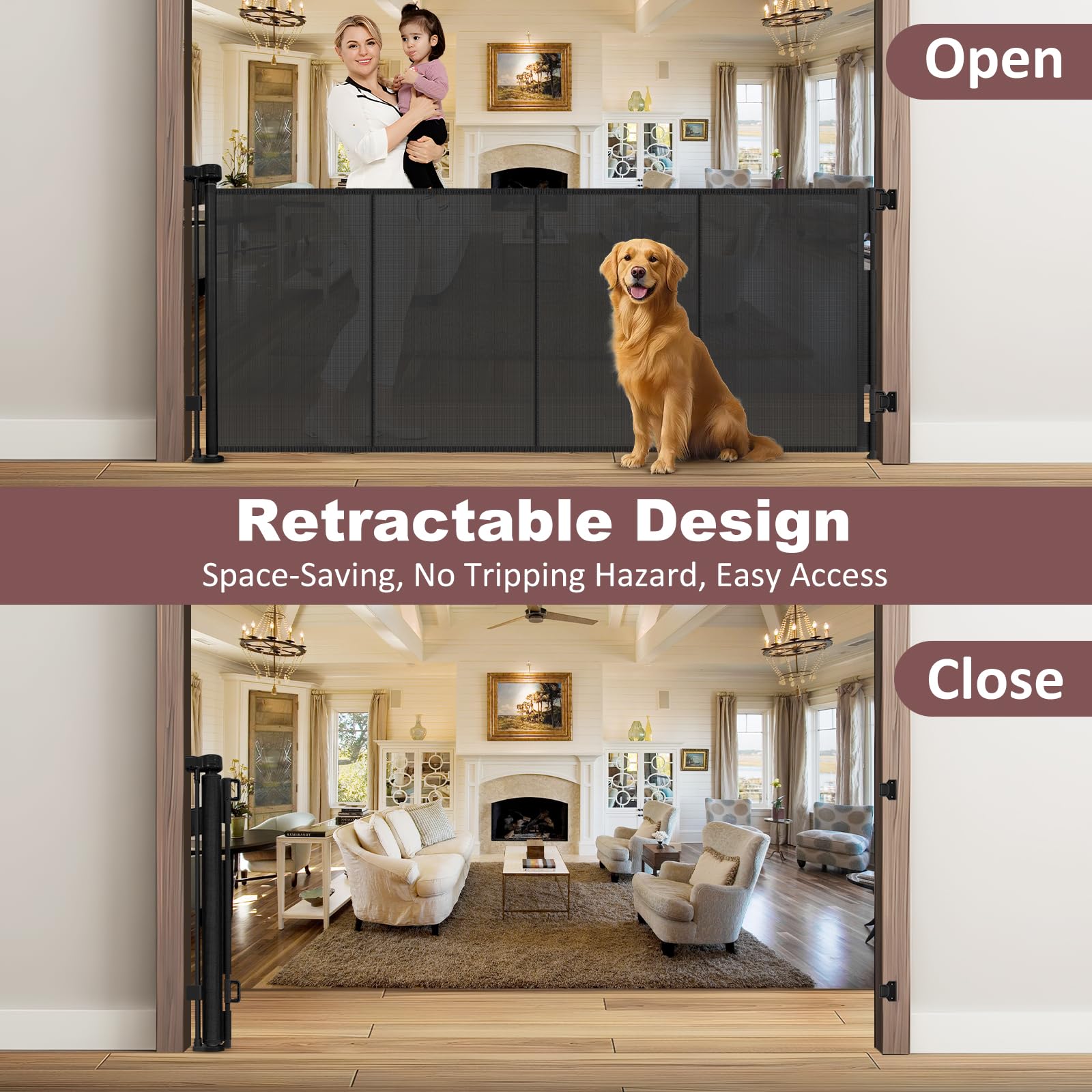 Reinforced 41 Inch Extra Tall Retractable Baby Gates 80'' Wide Retractable Dog Gate with Support Rods - Prevents Crawling Under,
