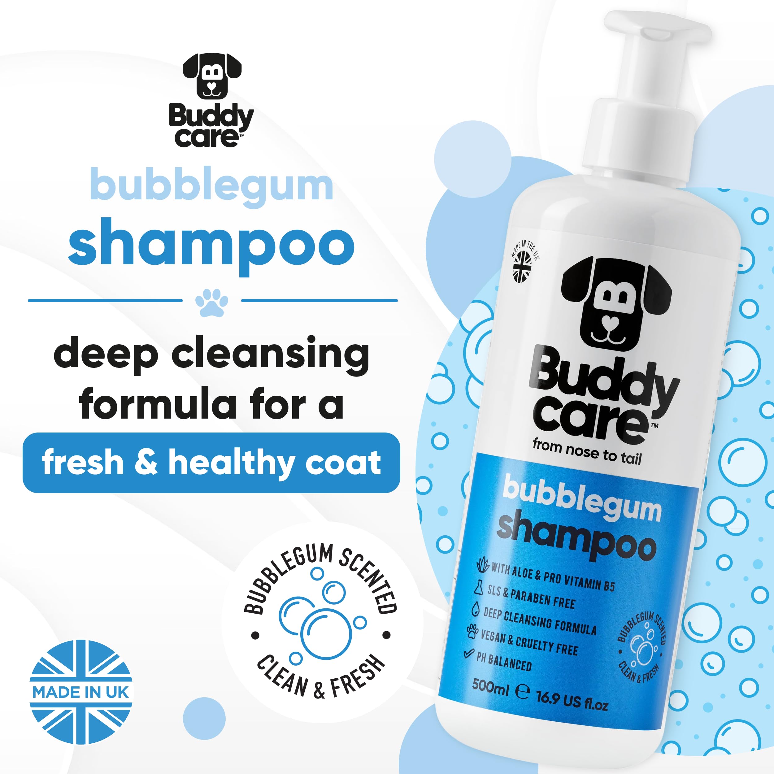 Bubblegum Dog Shampoo By Buddycare | Deep Cleansing Shampoo For Dogs | Bubblegum Scented | With Aloe Vera And Pro Vitamin B5 (50