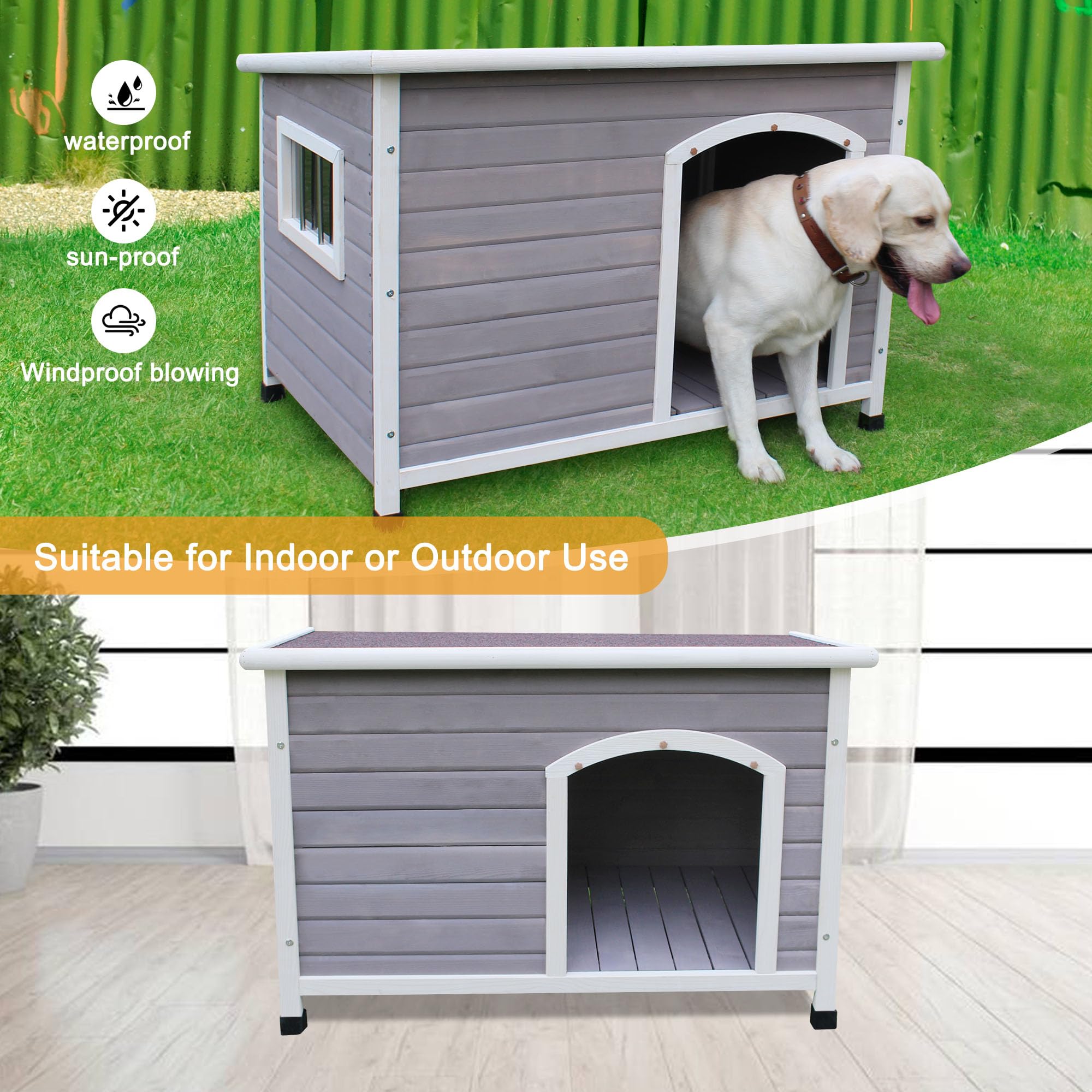 44'' Wooden Large Dog Houses Outdoor Indoor, Waterproof Dog Houses Outside With Window Dog House For Small To Large Sized Dogs-G