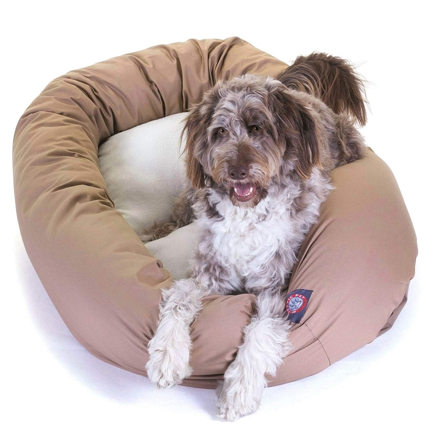 52 inch Khaki & Sherpa Bagel Dog Bed By Majestic Pet Products