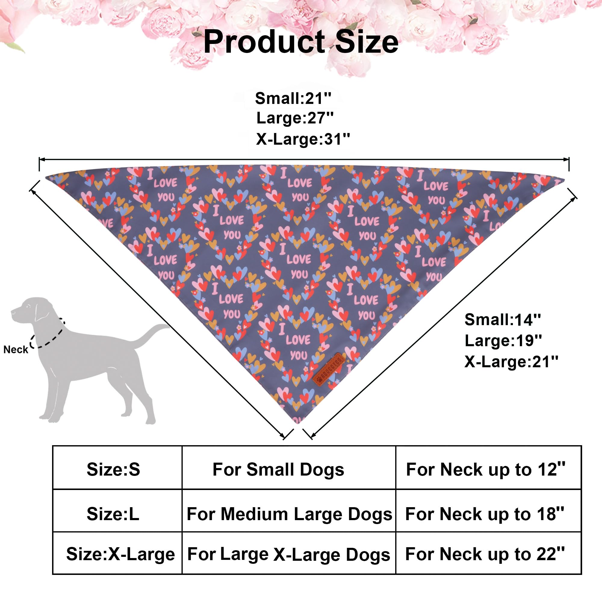 ADOGGYGO Valentine Dog Bandanas, Heart Love Floral Pet Scarf, Multi Size Offered, Pink Blue Pet Valentine Bandana for Small Dogs