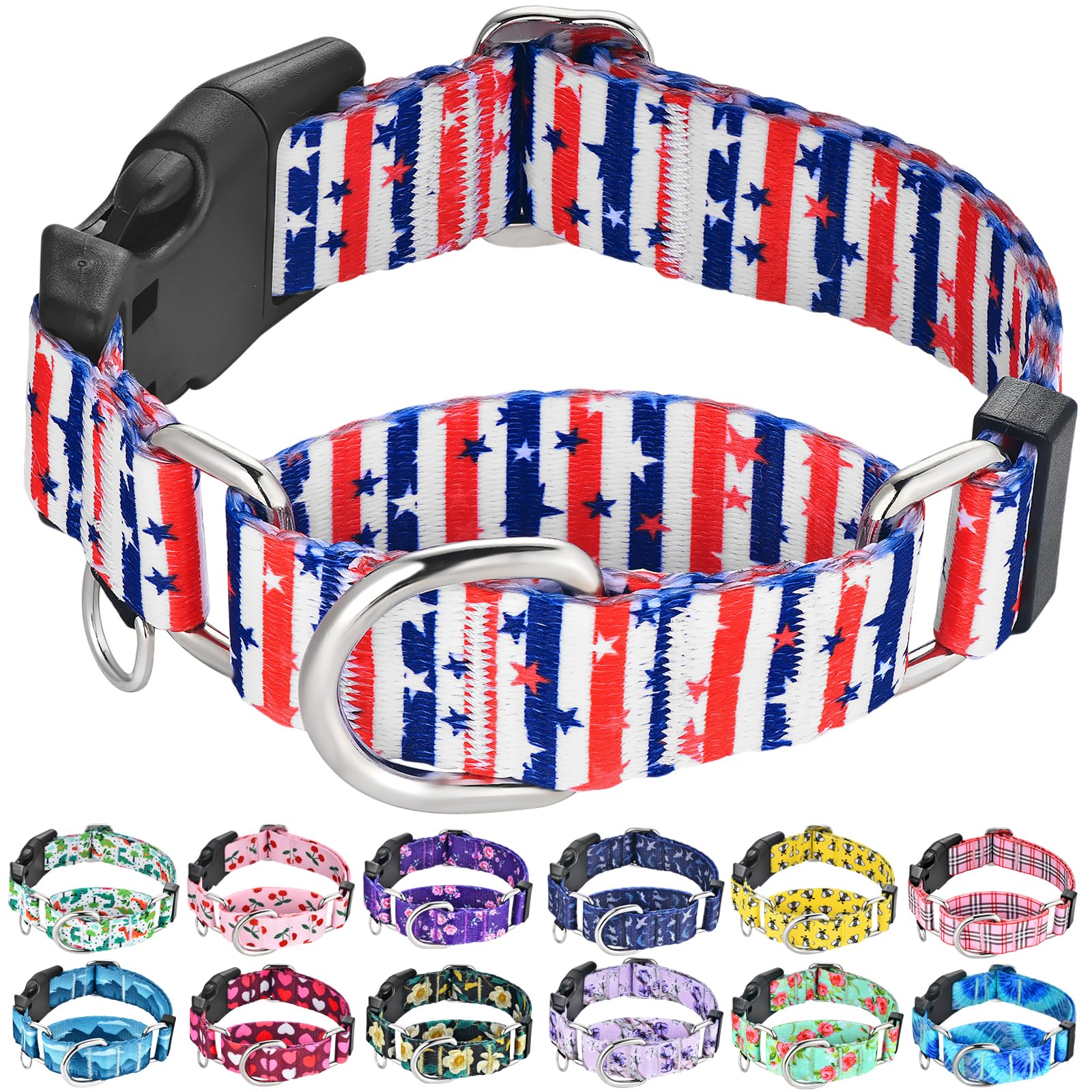 Fidohug American Flag Martingale Collar 4Th Of July Star Holiday Dog Collar With Buckle Adjustable Pet Collars (Red Blue Patriot