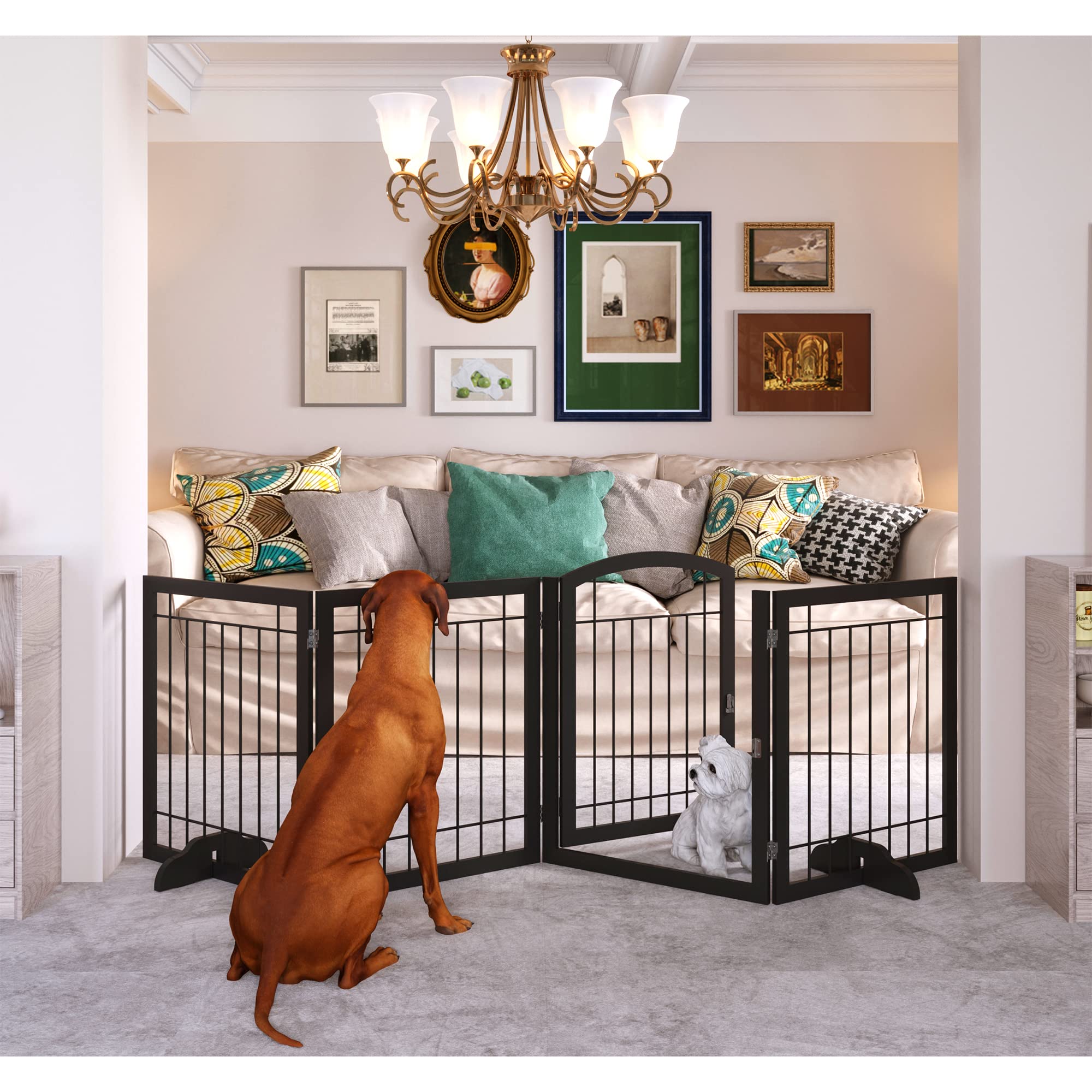 JSB 96-inch Extra Wide 30-inch Tall Dog gate with Door Walk Through, Freestanding Pet Gate for Halls, Stairs & Home, Pet Puppy S