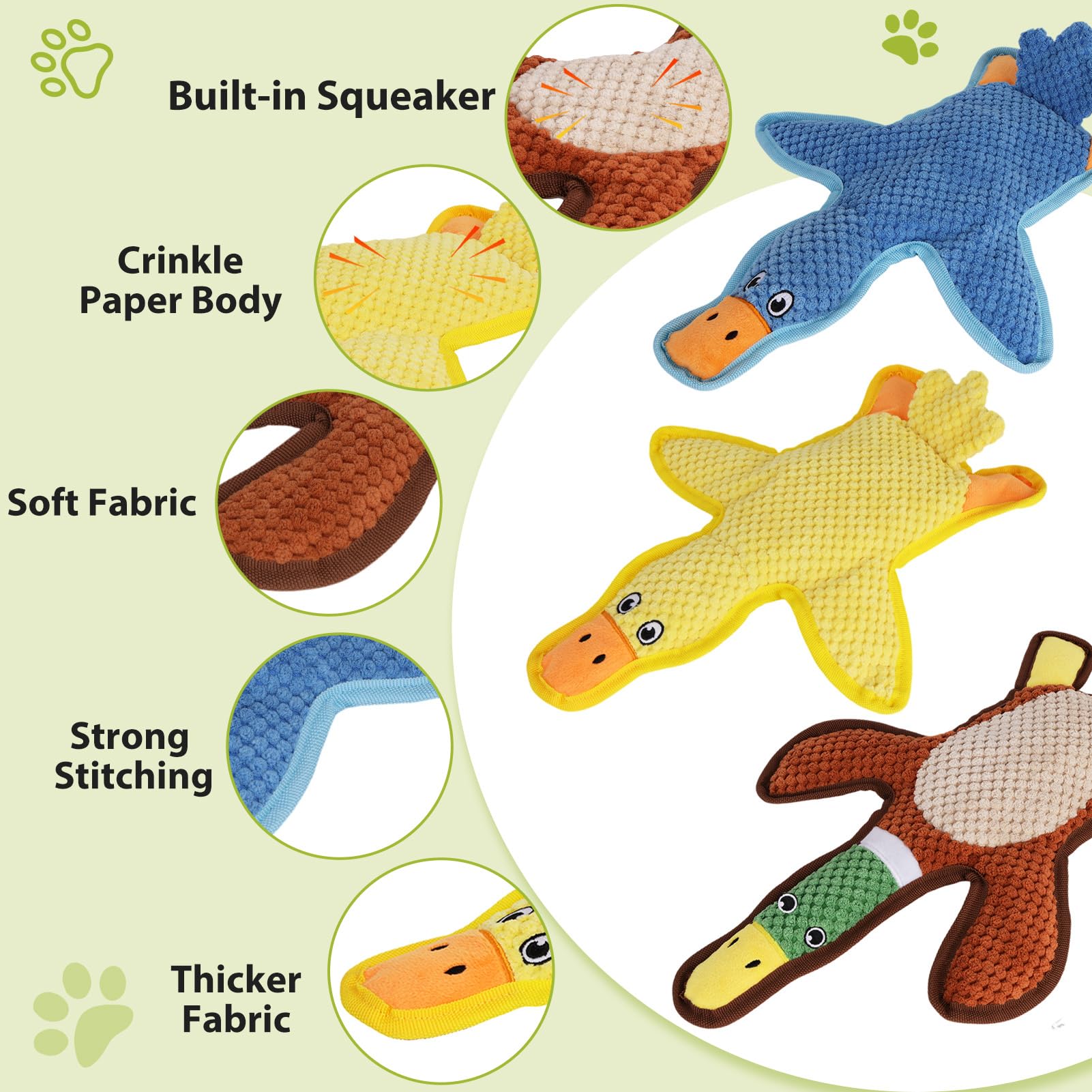 Eneston Dog Toys 3-Pack Cute Duck Shapes Puppy Toys No-Stuffing Squeaky And Crinkle Interactive Dog Chew Toy For Small To Large