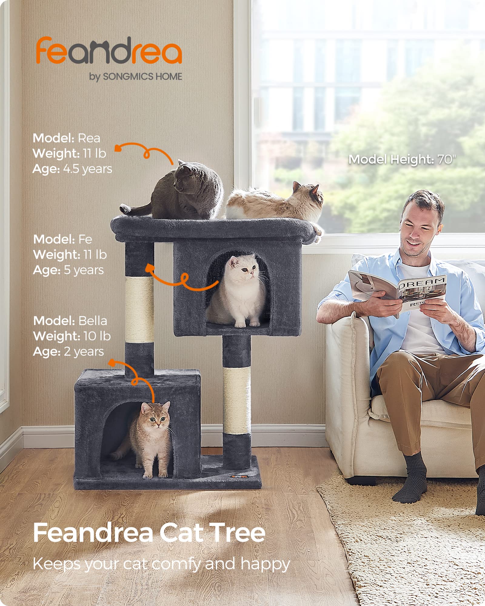 Feandrea Cat Tree, 39.8-Inch Cat Tower, Xl, Cat Condo For Extra Large Cats Up To 44 Lb, Large Cat Perch, 2 Cat Caves, Scratching