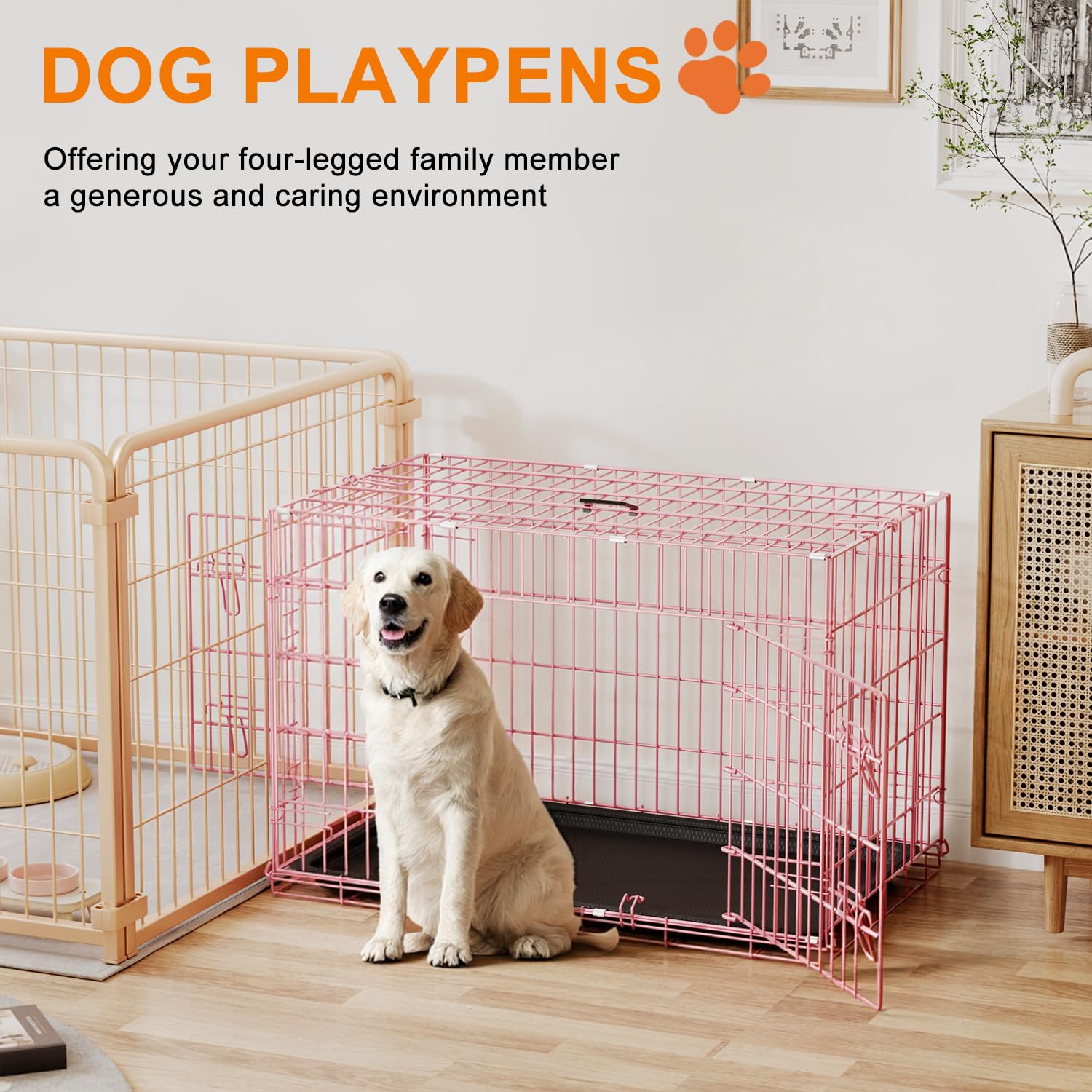 FDW Dog Crate 36inch Dog Cage Foldable Metal Kennel with Leakproof Tray Foldable Design Indoor Outdoor Use for Medium Dogs,Pink