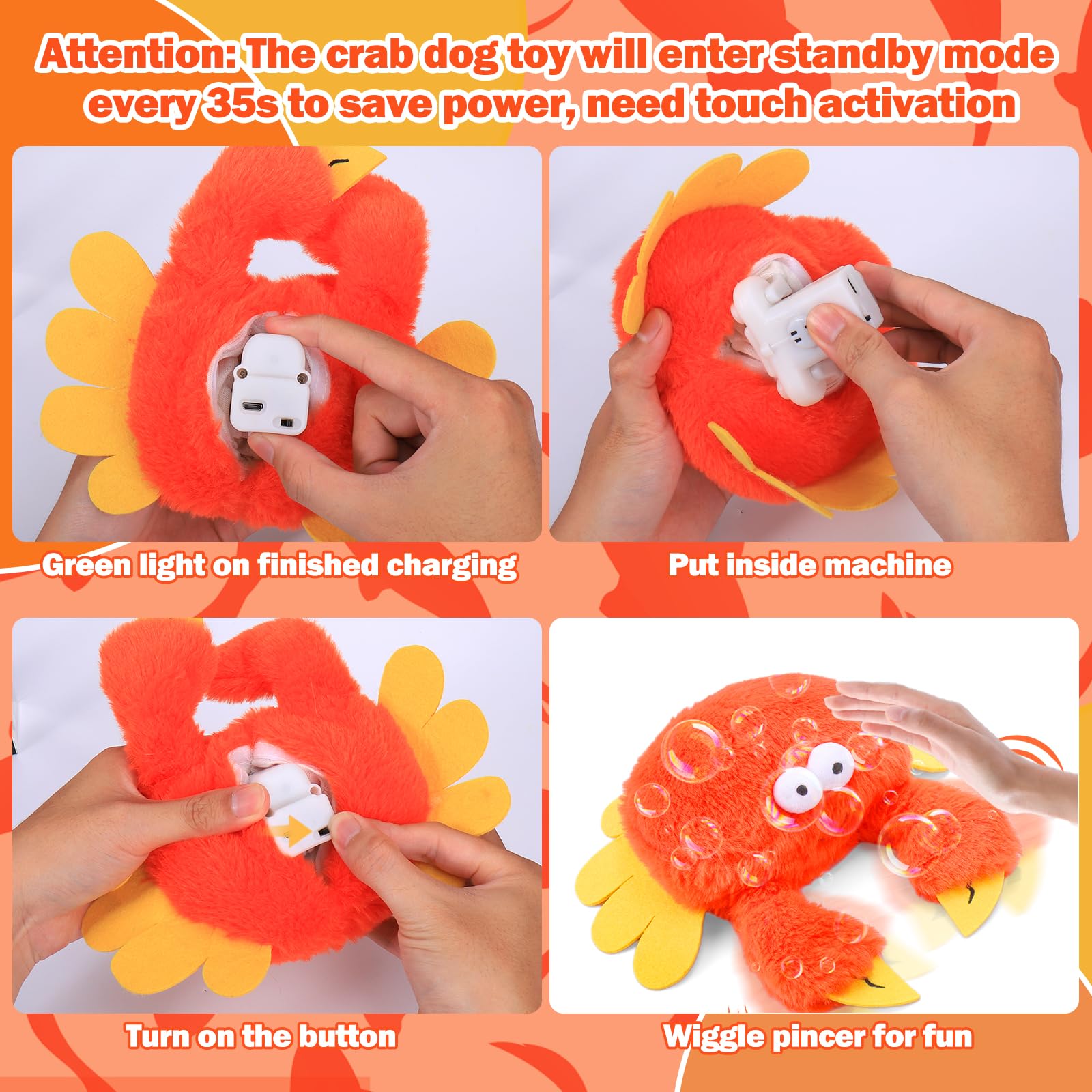 Mity Rain Interactive Dog Toy, Rechargeable Crab Squeaky Plush for Small/Medium/Large Dogs, Touch Activated, Orange, Model Mity rain-934