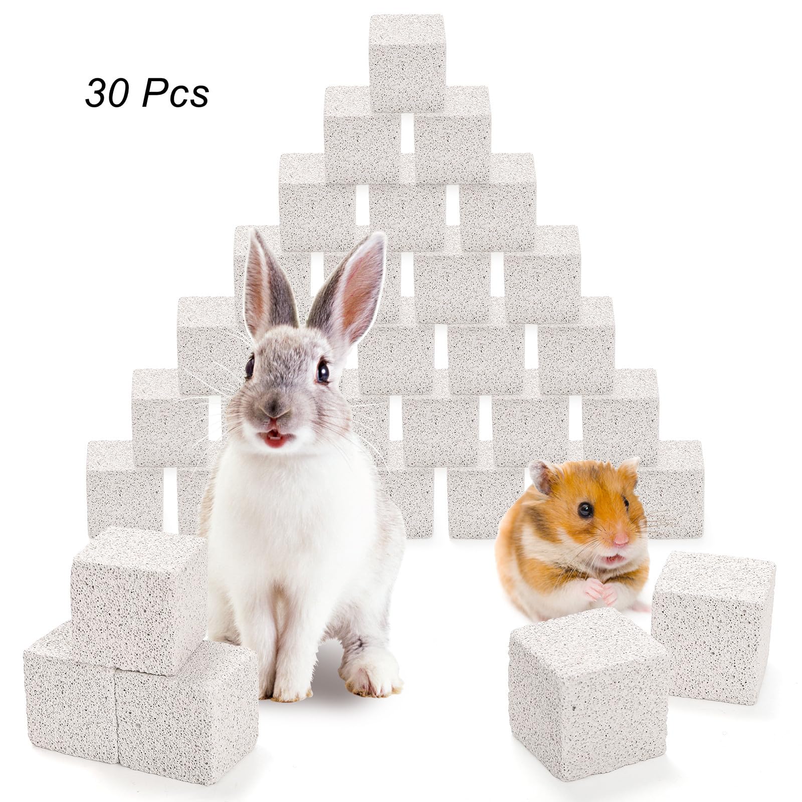 Deayou 30 Pack Small Animal Lava Bites, Hamster Teeth Grinding Block, Bunny Chew Toys, Natural Mineral Calcium Square Stone For
