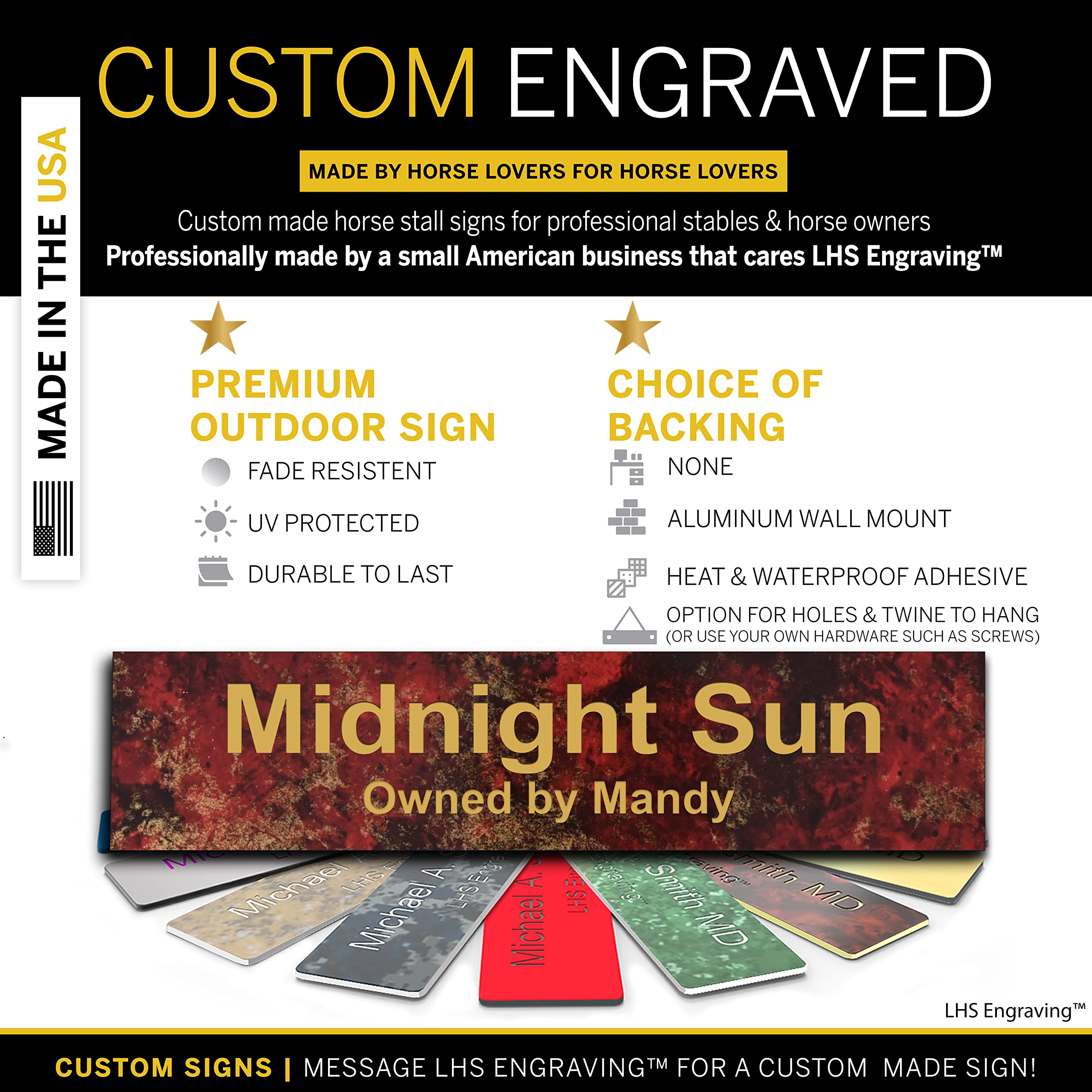 Lhs | Horse Stall Name Plate, 2X6 Personalized Stall Signs, Uv Protected, All Weather Adhesive, Hanging, Mounting Or Other, Rust