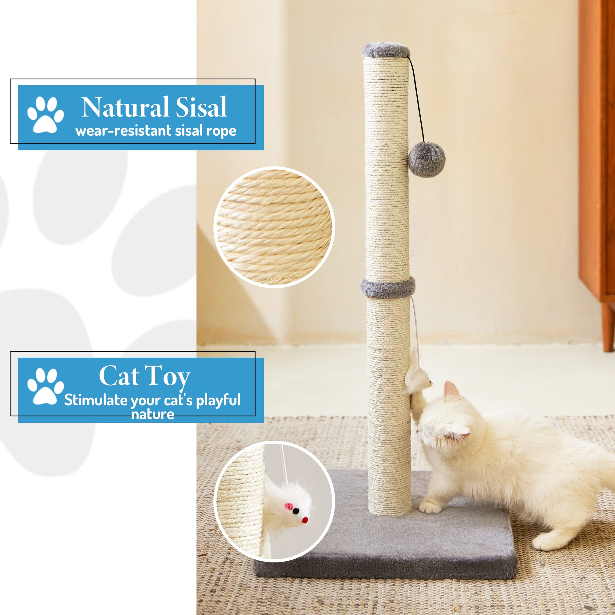 MeowHomm 32   Tall Cat Scratching Post Cat Scratcher with Hanging Ball, Durable Cat Scratching Post for Indoor with Sisal Rope