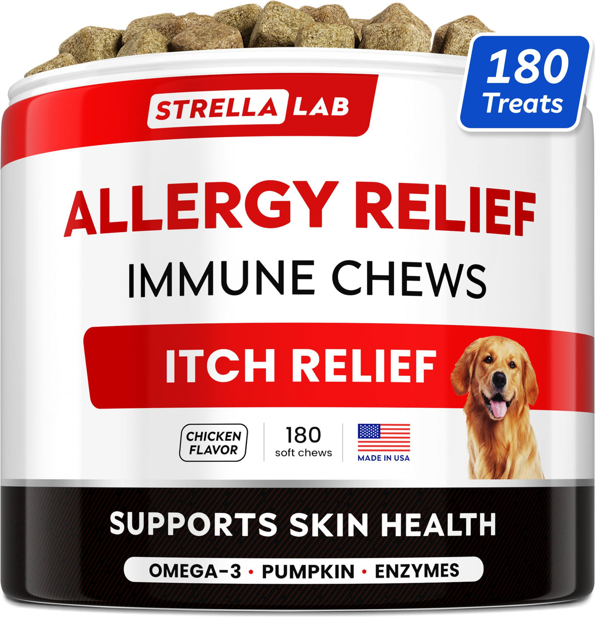 Strellalab Dog Allergy Relief & Anti Itch Support Chews W/Omega 3: Real Ingredients, Real Taste! Skin & Coat Immune Supplement W