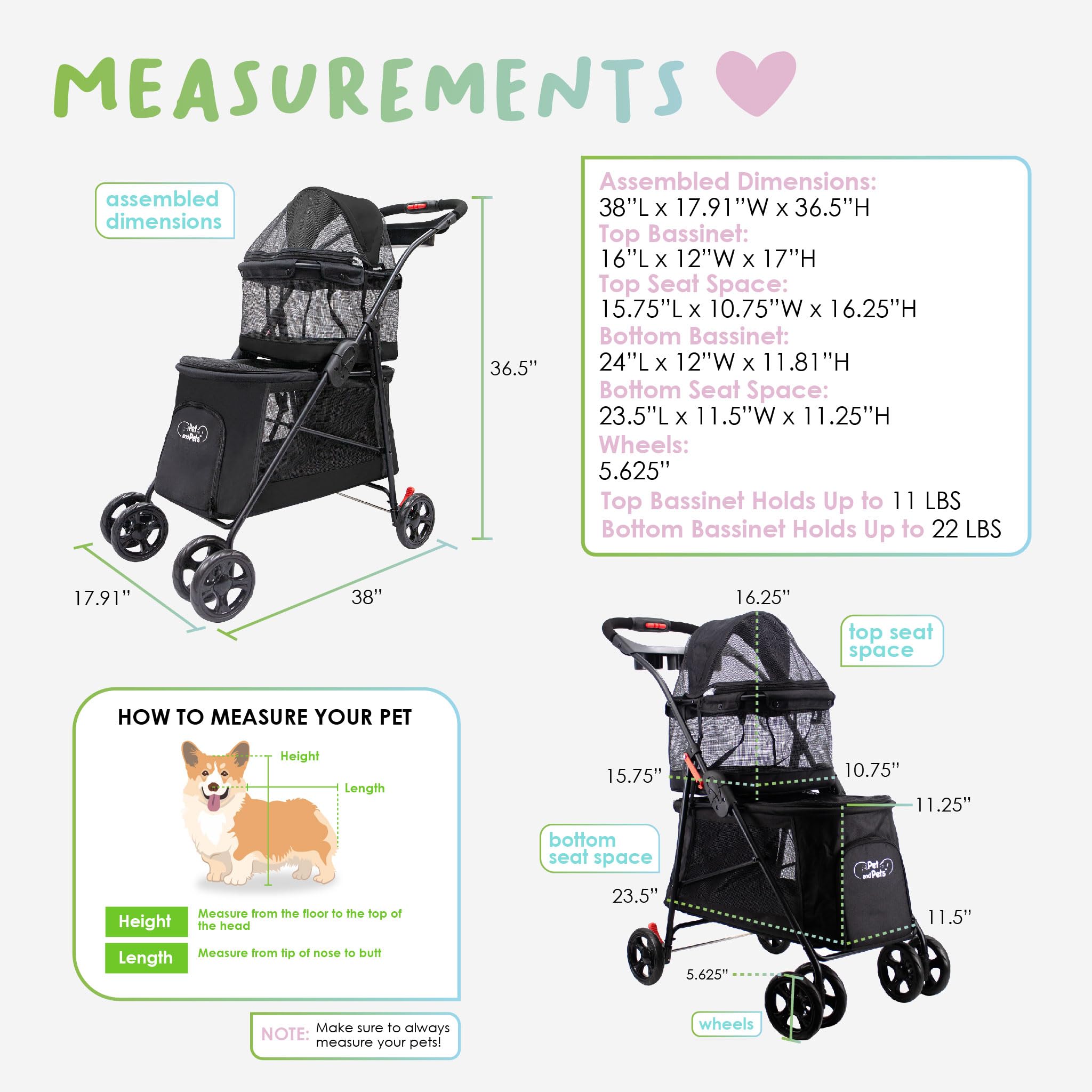 PETIQUE Double Decker Pet Stroller - Black, Dual Bassinets, Lightweight, Removable Pee Pads, Adjustable Leashes for Small/Medium Pets