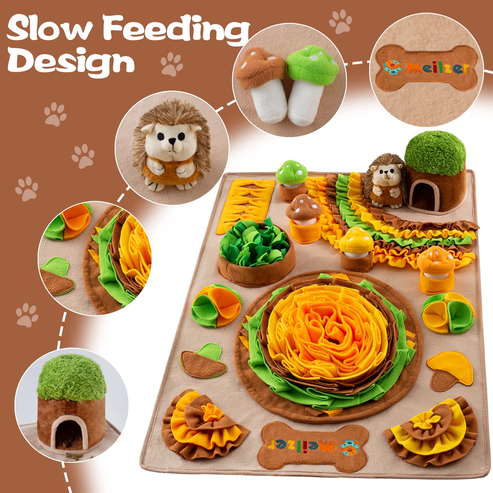 Meilzer Large Snuffle Mat for Dogs 40'' x 27.5'' Sniff Mat with Hedgehog Puzzle Toy Squeaky Mushrooms Interactive Toys Portable