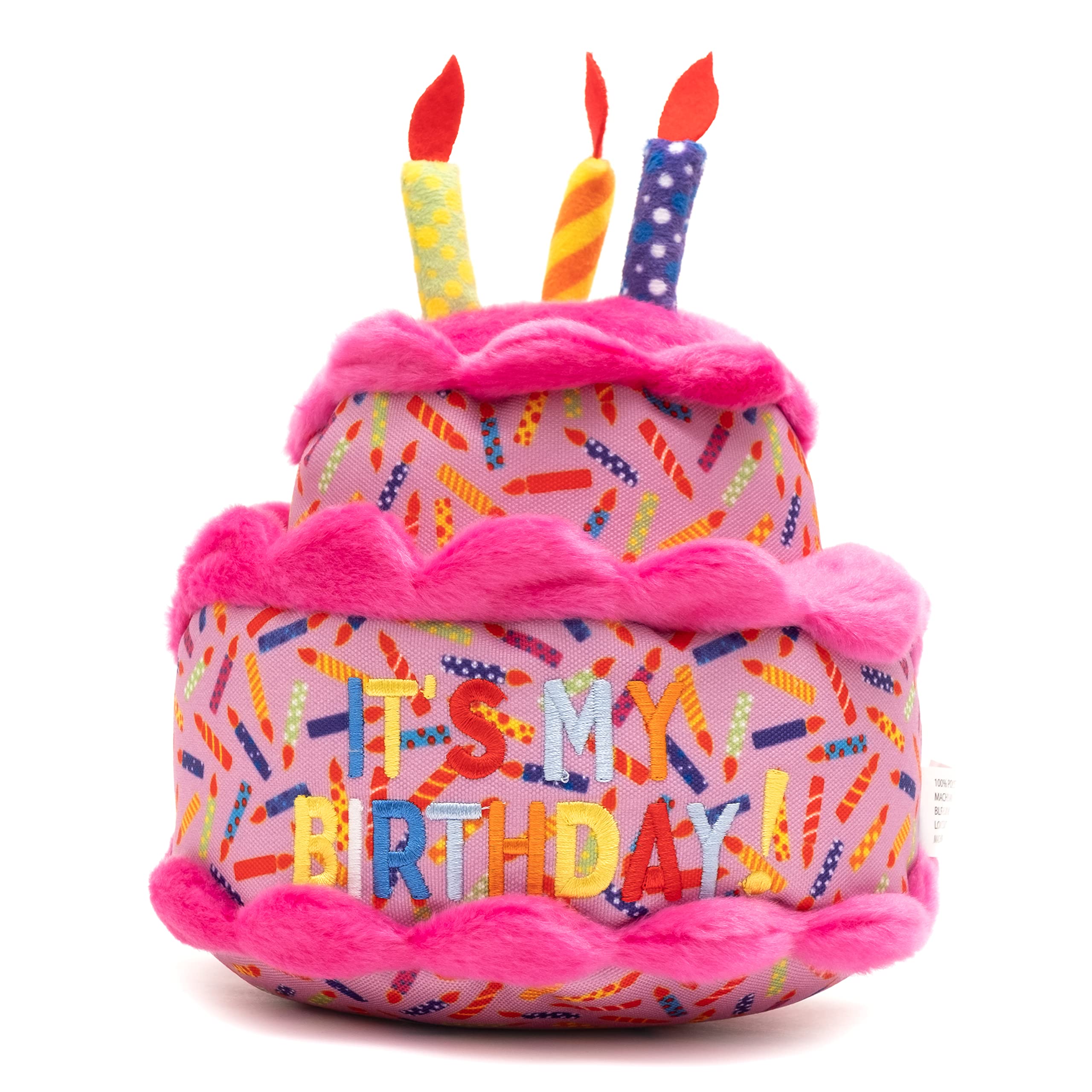 The Worthy Dog Birthday Cake Tough Chew Toy For Dogs Durable Tug & Toss Play Chomp-Resistant Fabric & Mesh Lining Safe, Non-Toxic Materials Multiple Squeakers For Interactive Fun