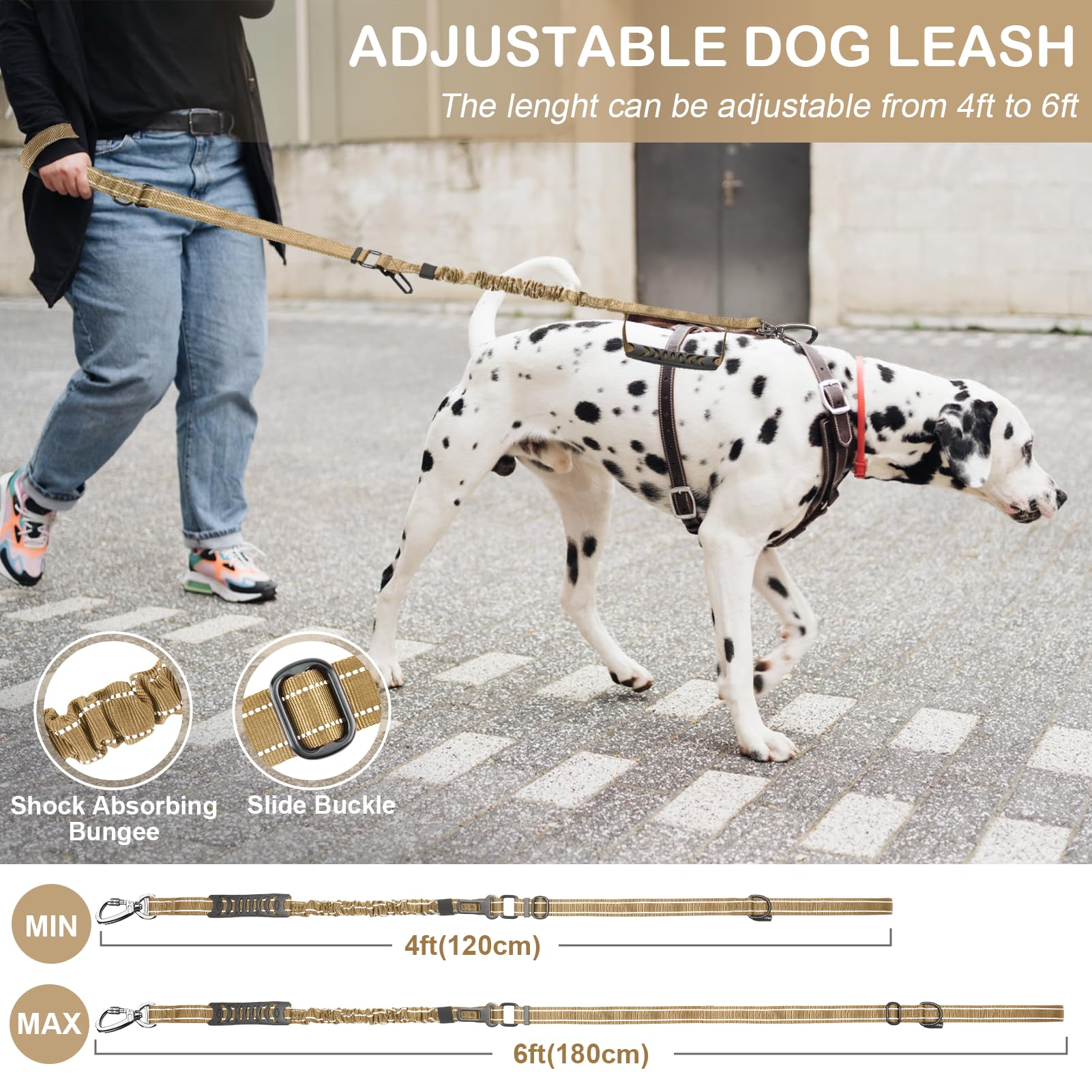 Chioratree Tactical Dog Leash Heavy Duty, 4-6FT Shock Absorbing Bungee Dog Leash, Reflective Military Strong No Pull Lead with 2