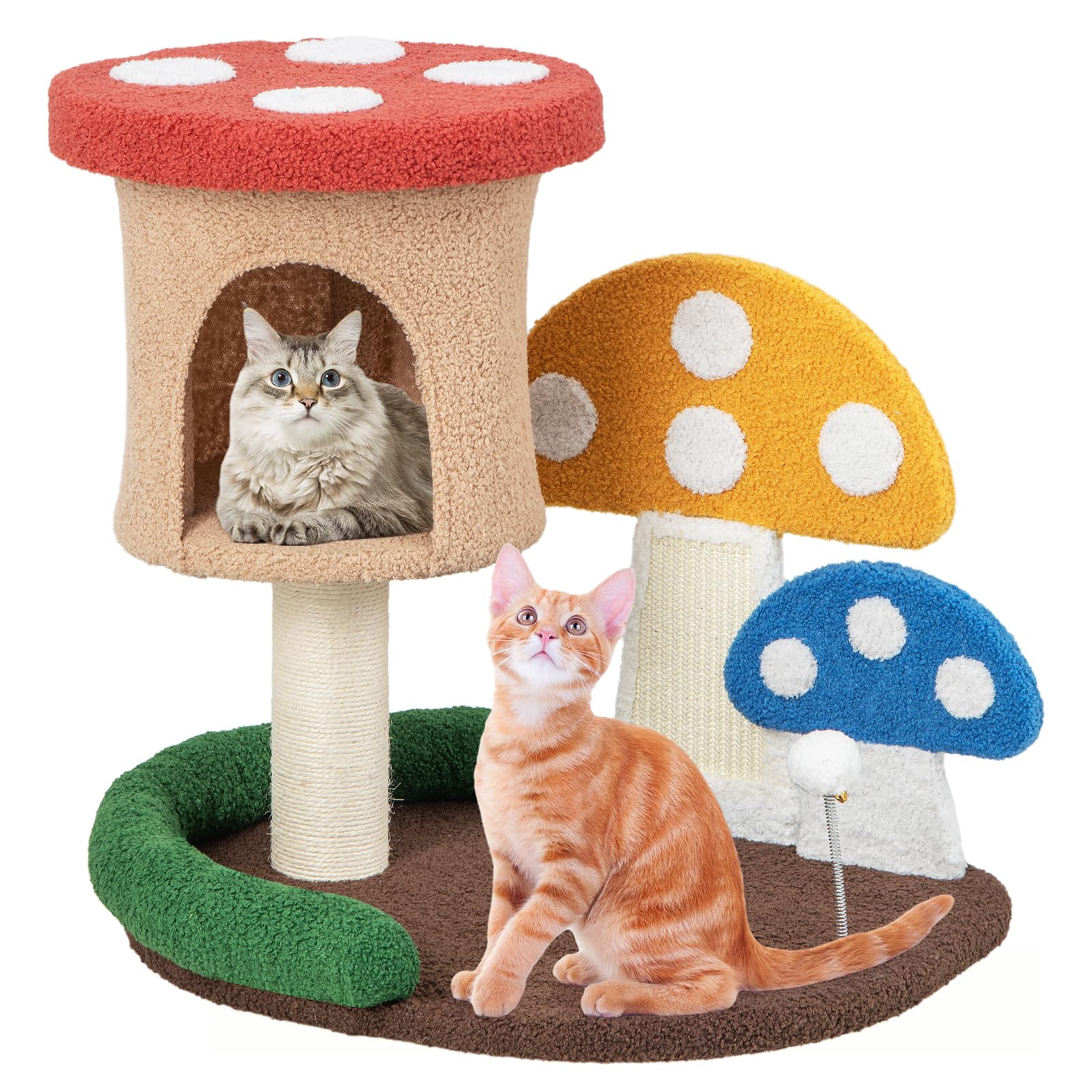 Petsite Mushroom Cat Tree, Modern Small Cat Tower With Natural Sisal Scratching Post & Board, Cat Condo And Teasing Spring Ball,
