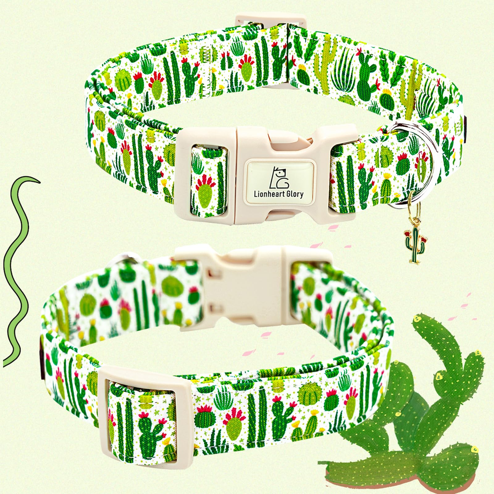 Lionheart Glory Dog Collar Green Cactus Print Collar For X-Small Dogs Spring Summer Female Or Male Collars Pet Gift Adjustable H