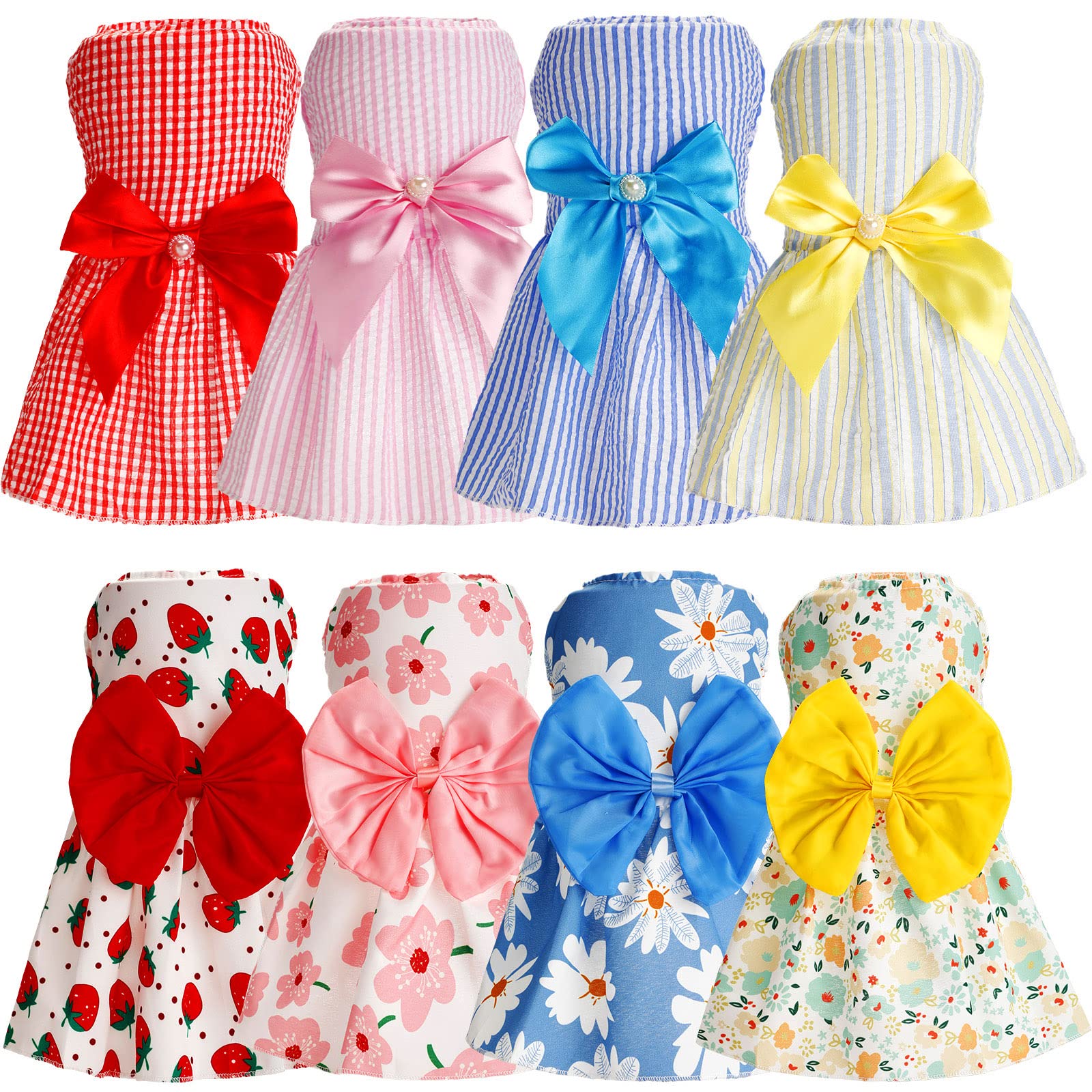 Sanwuta 8 Pieces Dog Bowknot Dresses Puppy Clothes Outfits Princess Dresses Soft Lightweight Summer Fruit Floral Pattern Pet Ski
