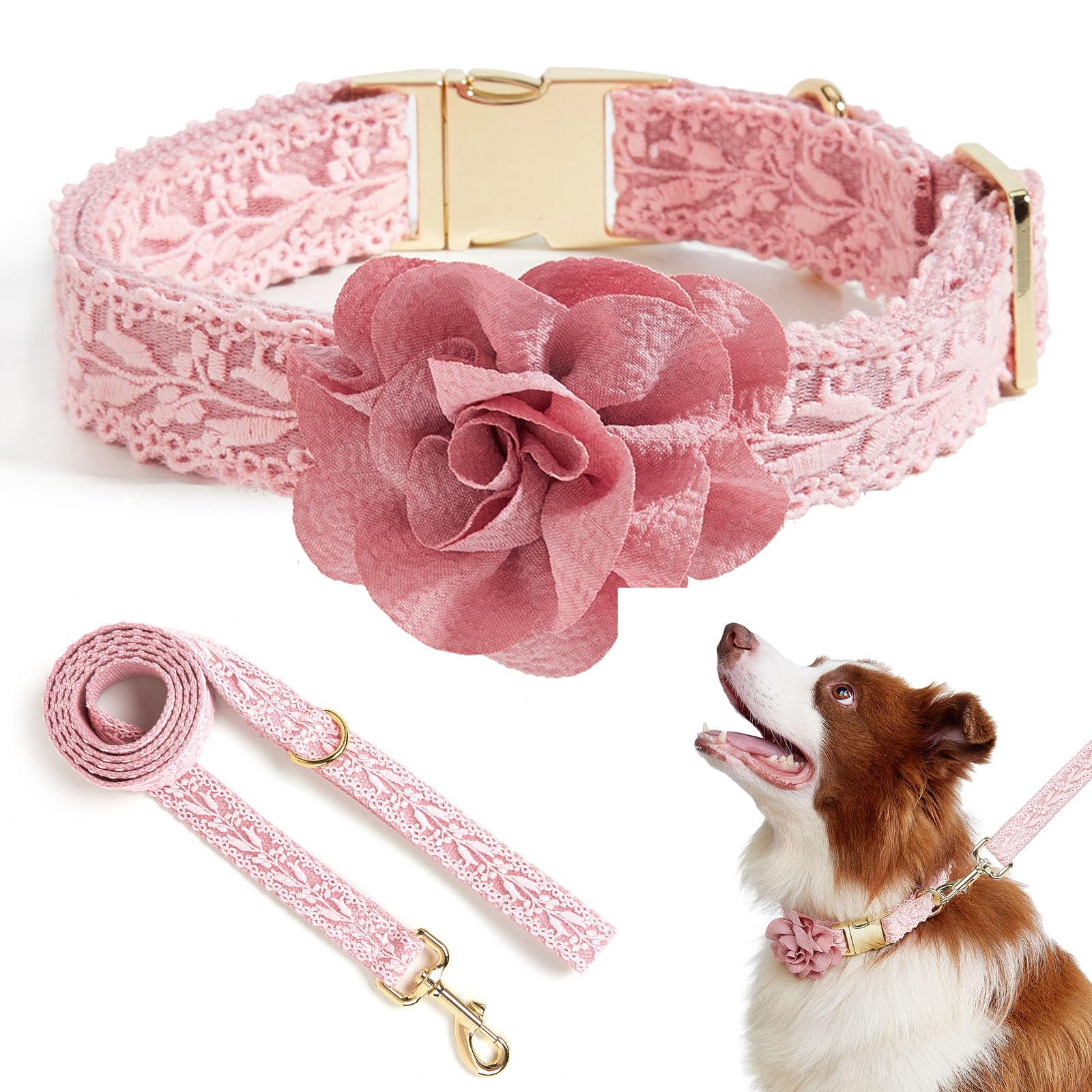 Hqrea Pink Dog Collar And Leash For Medium Dogs Girls Adjustable Rose Gold Metal Buckle & Durable Padded Handle For Pet Wedding 