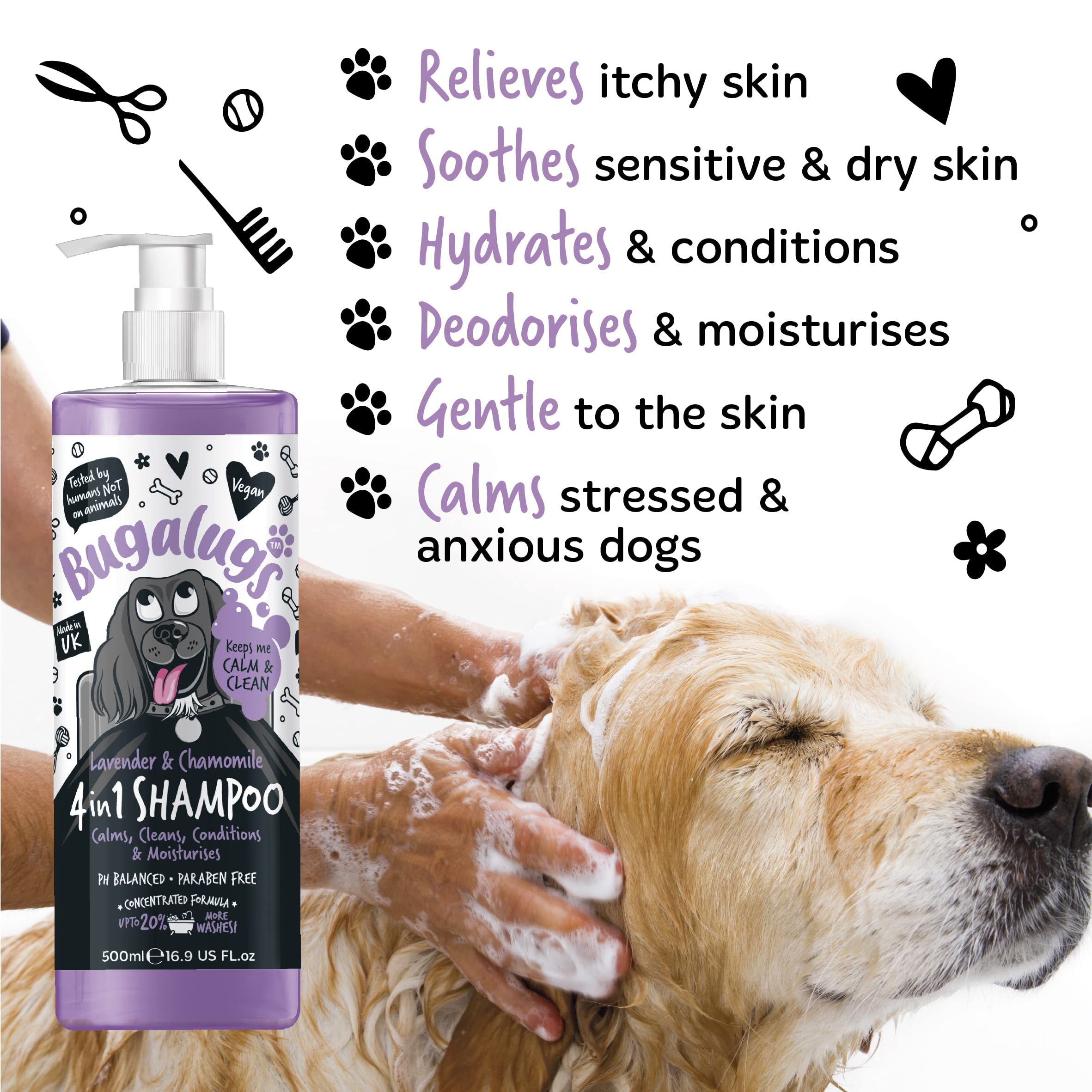 Dog Shampoo By Bugalugs Lavender & Chamomile 4 In 1 Dog Grooming Shampoo Products For Smelly Dogs With Fragrance, Best Puppy Shampoo, Vegan Pet Shampoo & Conditioner