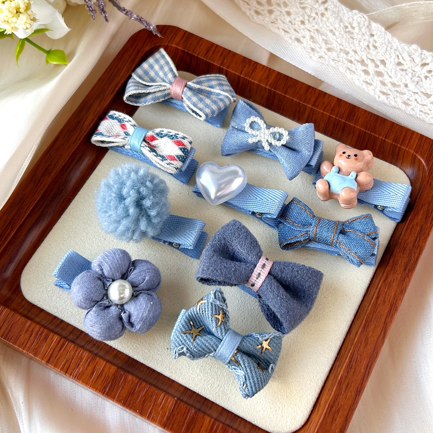 Blue Dog Hair Clips And Rubber Bands Small Dog Bows Denim Cute Pet Grooming Accessories Alligator Clips Stay In Hair Barrettes F