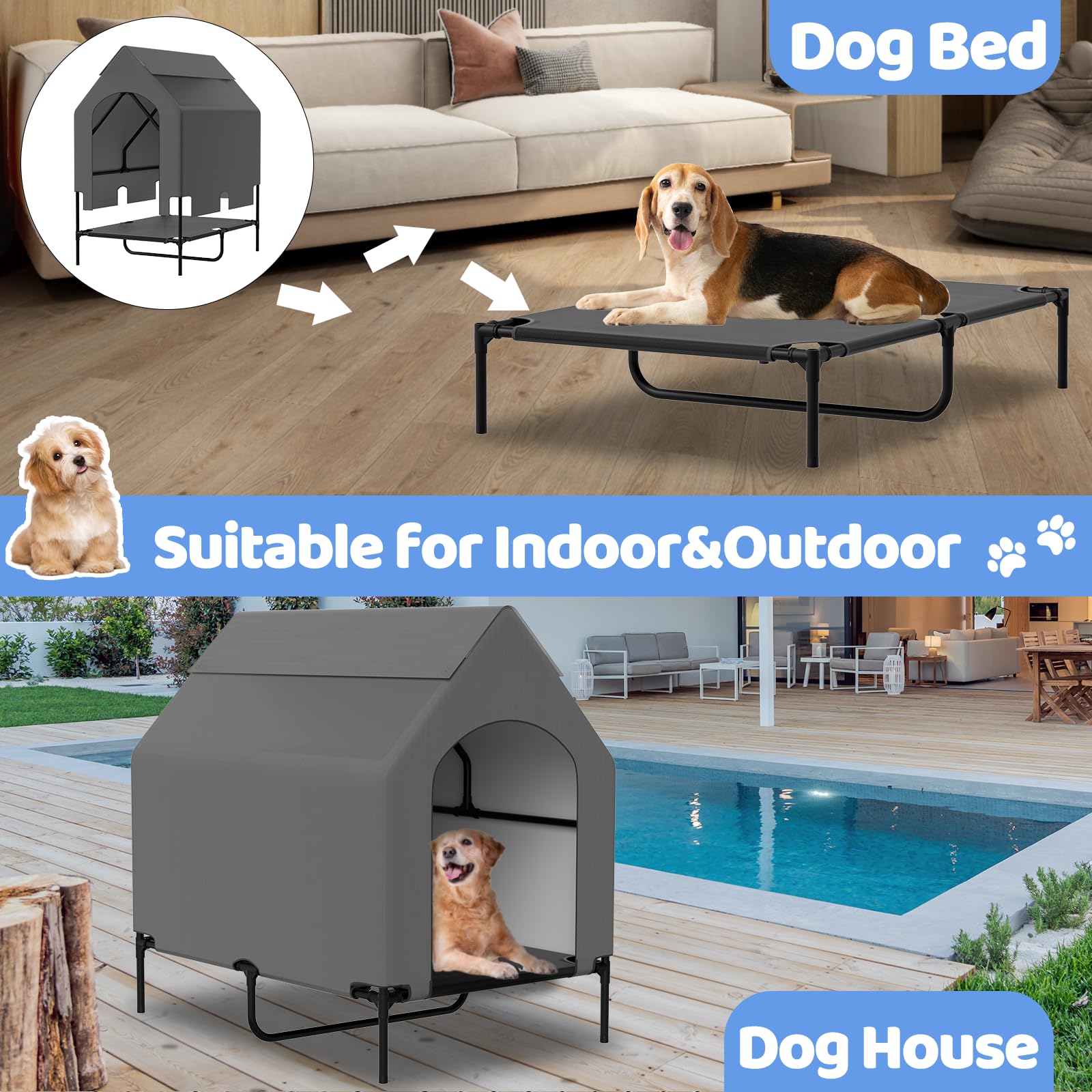 Theyfirst 48'' Dog House For Large Dogs Outside, Elevated Cooling Dog Beds For Outdoor Indoor, Weatherproof Raised Pet Shelter W