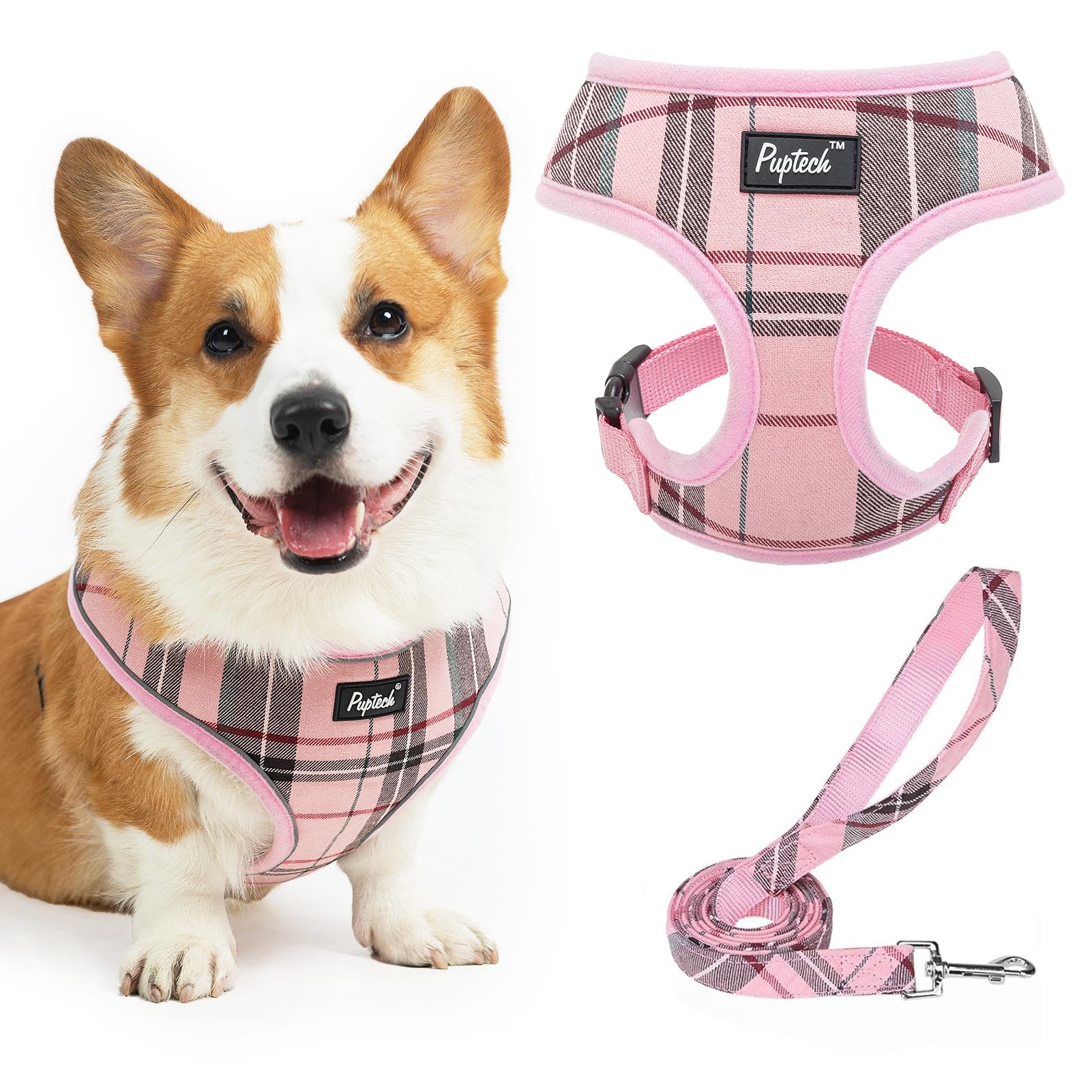 Pupteck Soft Mesh Dog Harness And Leash Set Pet Puppy Cat Comfort Padded Vest No Pull Harnesses, Light Pink, Xl