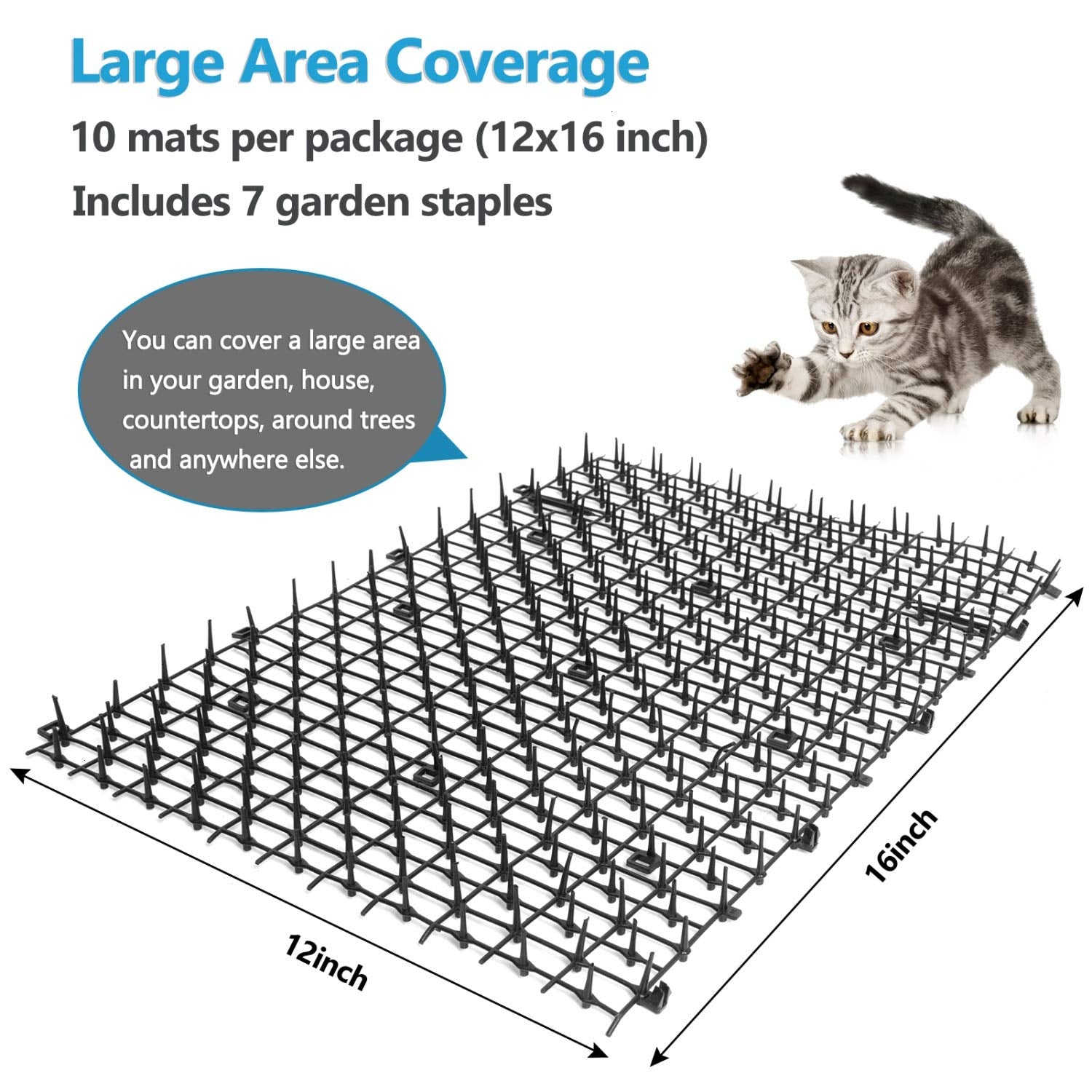 Pomeat Cat Scat Mat 15 PCS with Spikes, 16x12'', Plastic, Black, Cat Deterrent for Outdoor and Indoor Use, Model LCNEMIJDA1