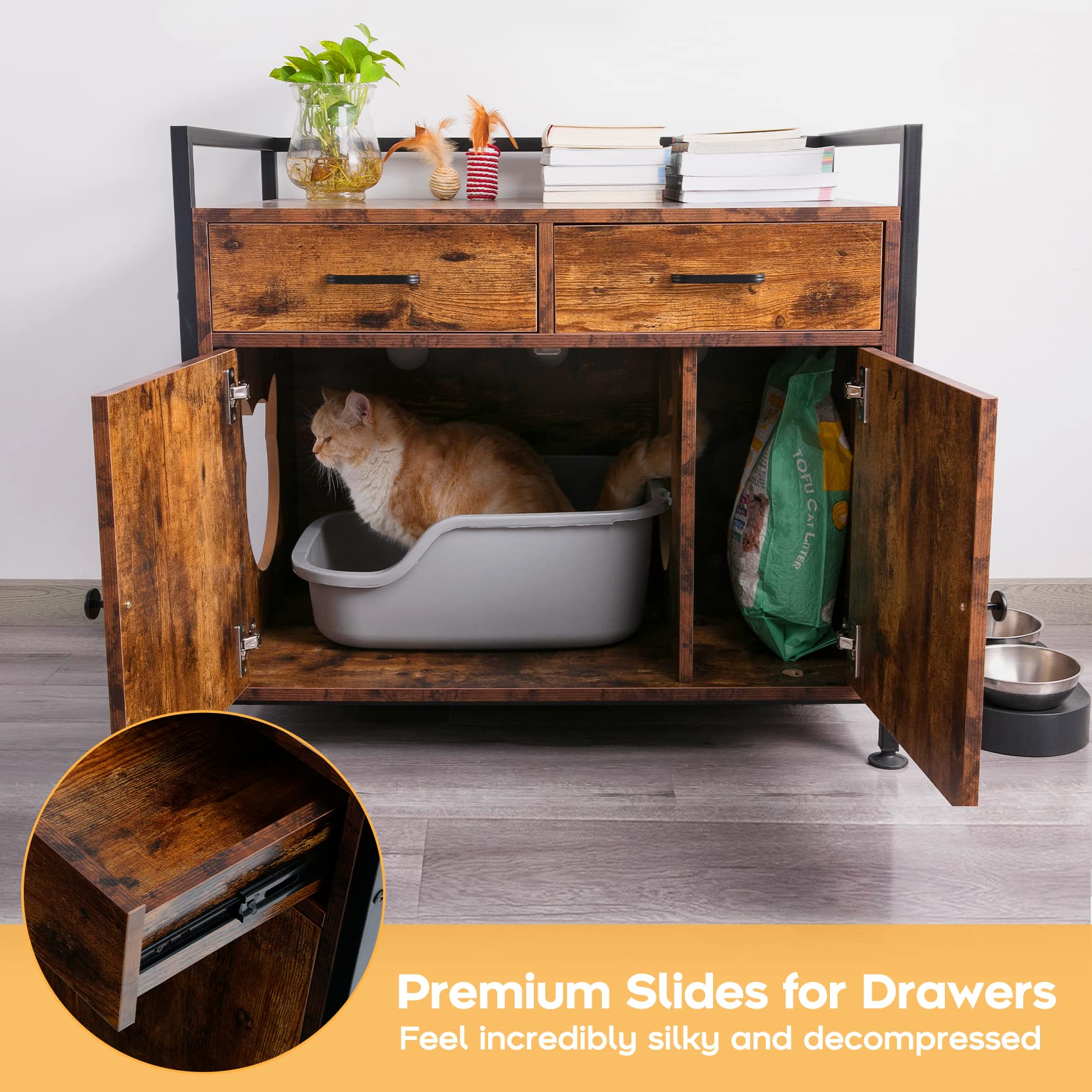 Tengchang Large Cat Litter Box Enclosure Cabinet, Hidden Cat Washroom House Box Pet Cates With Double Drawers & Doors