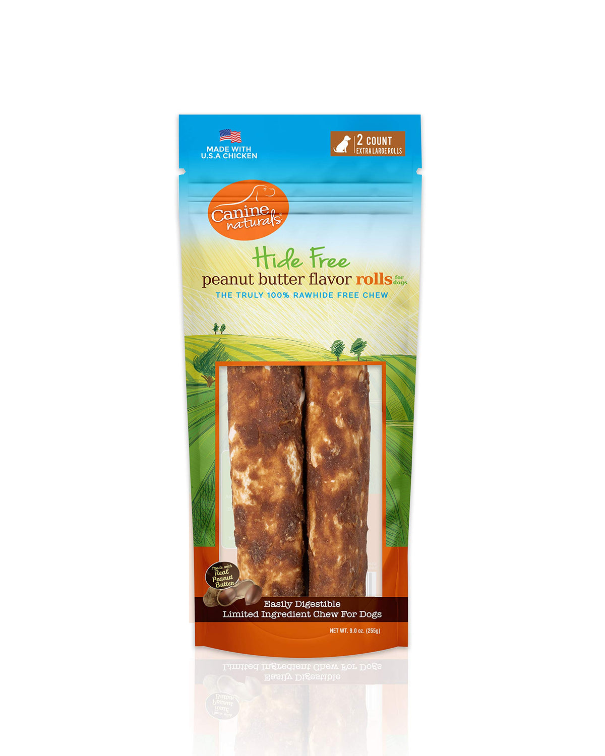 Canine Naturals Peanut Butter Chew - 100% Rawhide Free Dog Treats - Made With Real Peanut Butter - All-Natural And Easily Digestible - 2 Pack Of 9 Inch Extra Large Rolls For Dogs 75 Lbs And Up