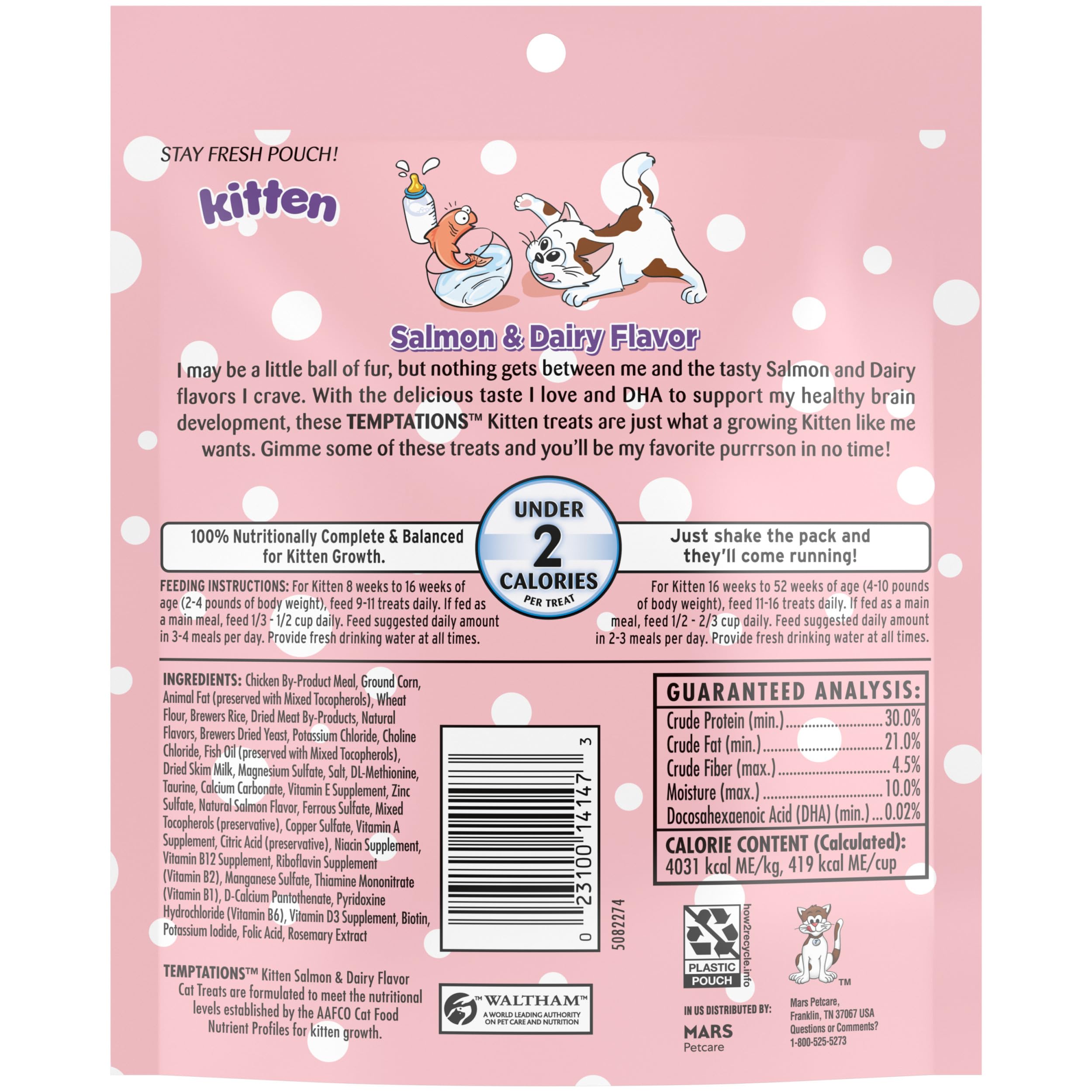 Temptations Kitten Treats, Salmon & Dairy, Crunchy and Soft Treat, 6.3 oz. (Pack of 10)