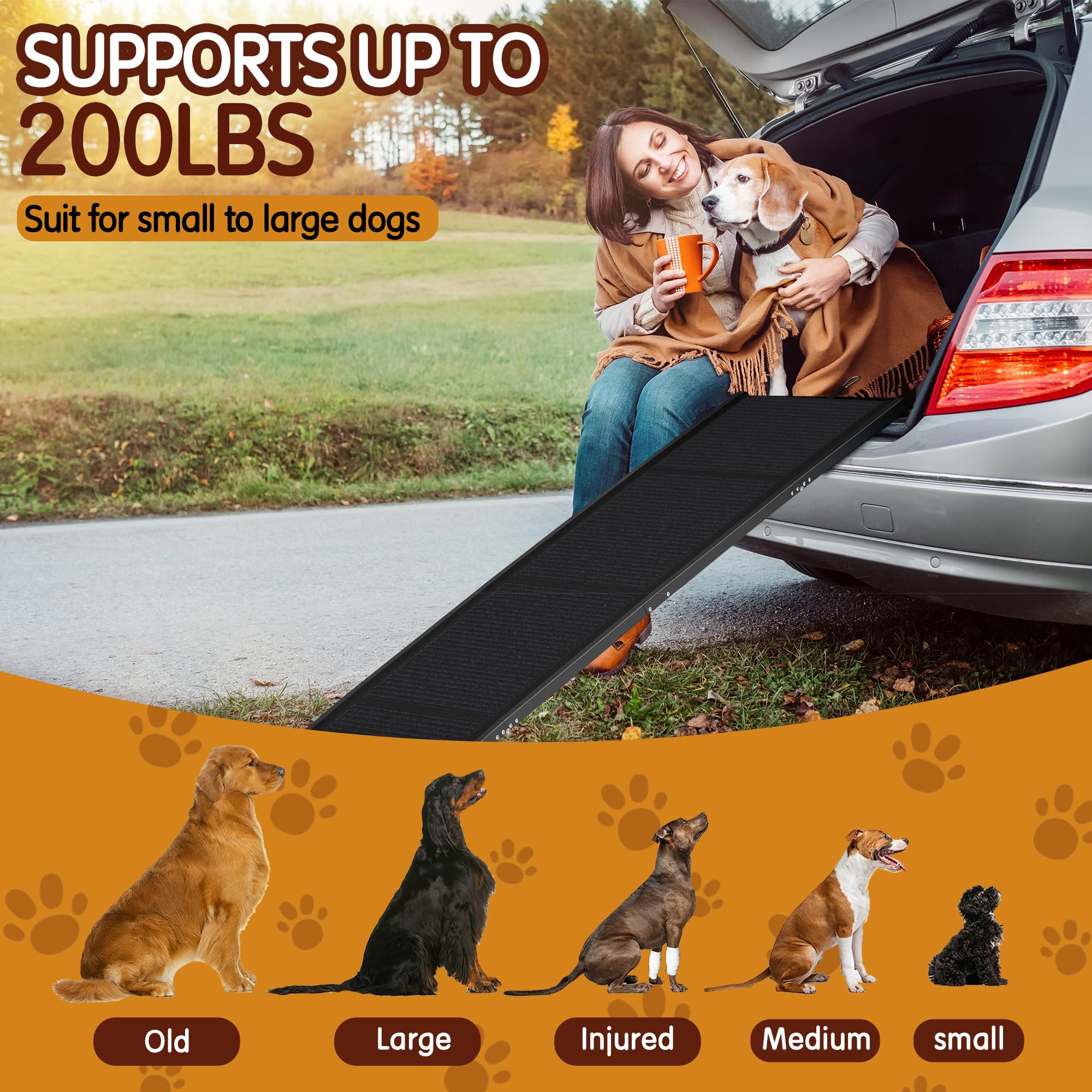 Purrsign Dog Ramp for Car, 67x20 Car Ramp for Large Dogs, Foldable&Portable, with Non-Slip Rug Surface, Extra Wide Dog Car Ramp