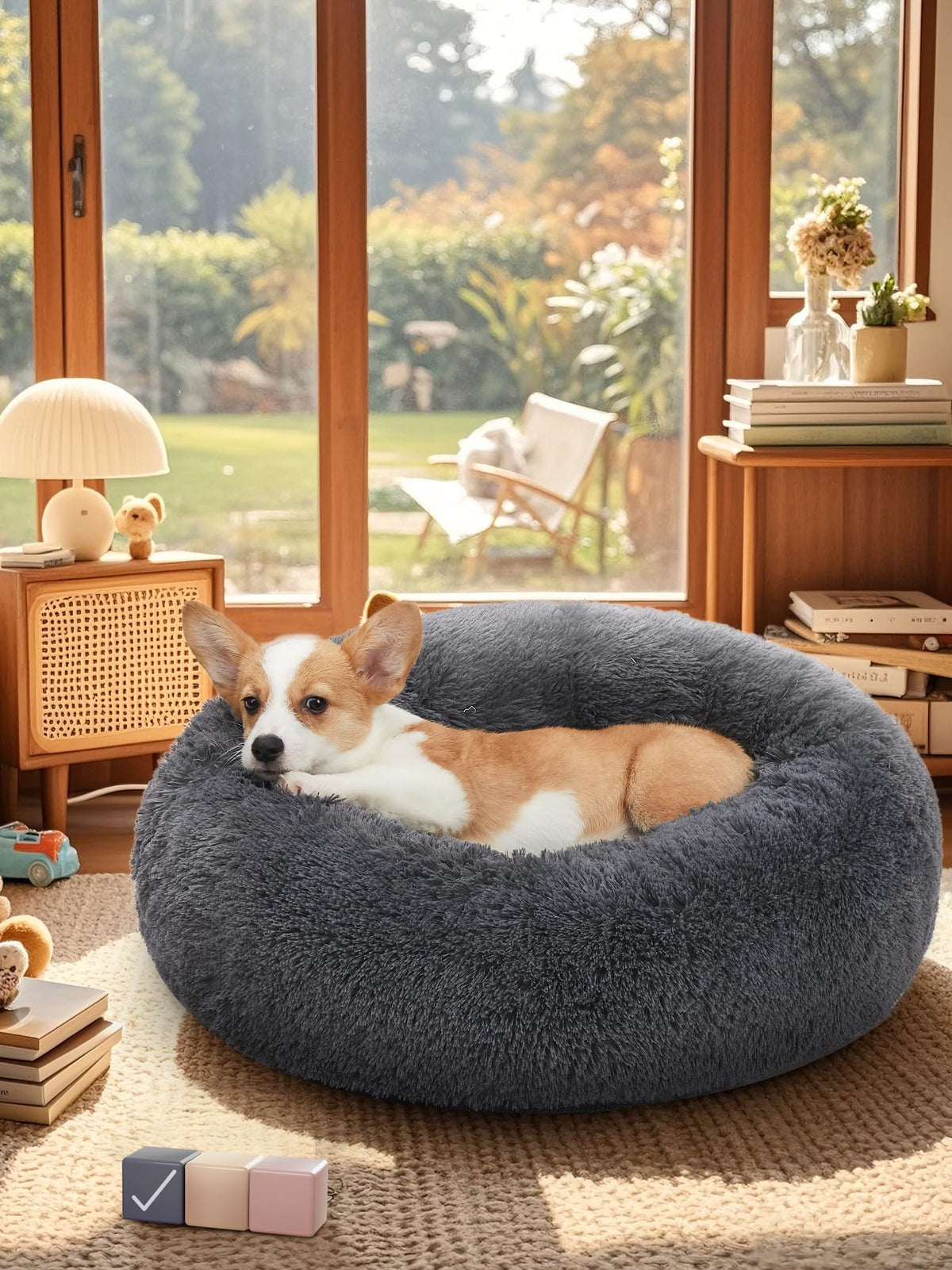 Ohgeni Calming Donut Dog Bed Pillow For Small Medium Pets, Machine Washable Removable Cover, Comfort Plush Fluffy Faux Fur With Anti-Slip Bottom, Cats-Friendly Round Cuddly Design, Gray, 23 Inches