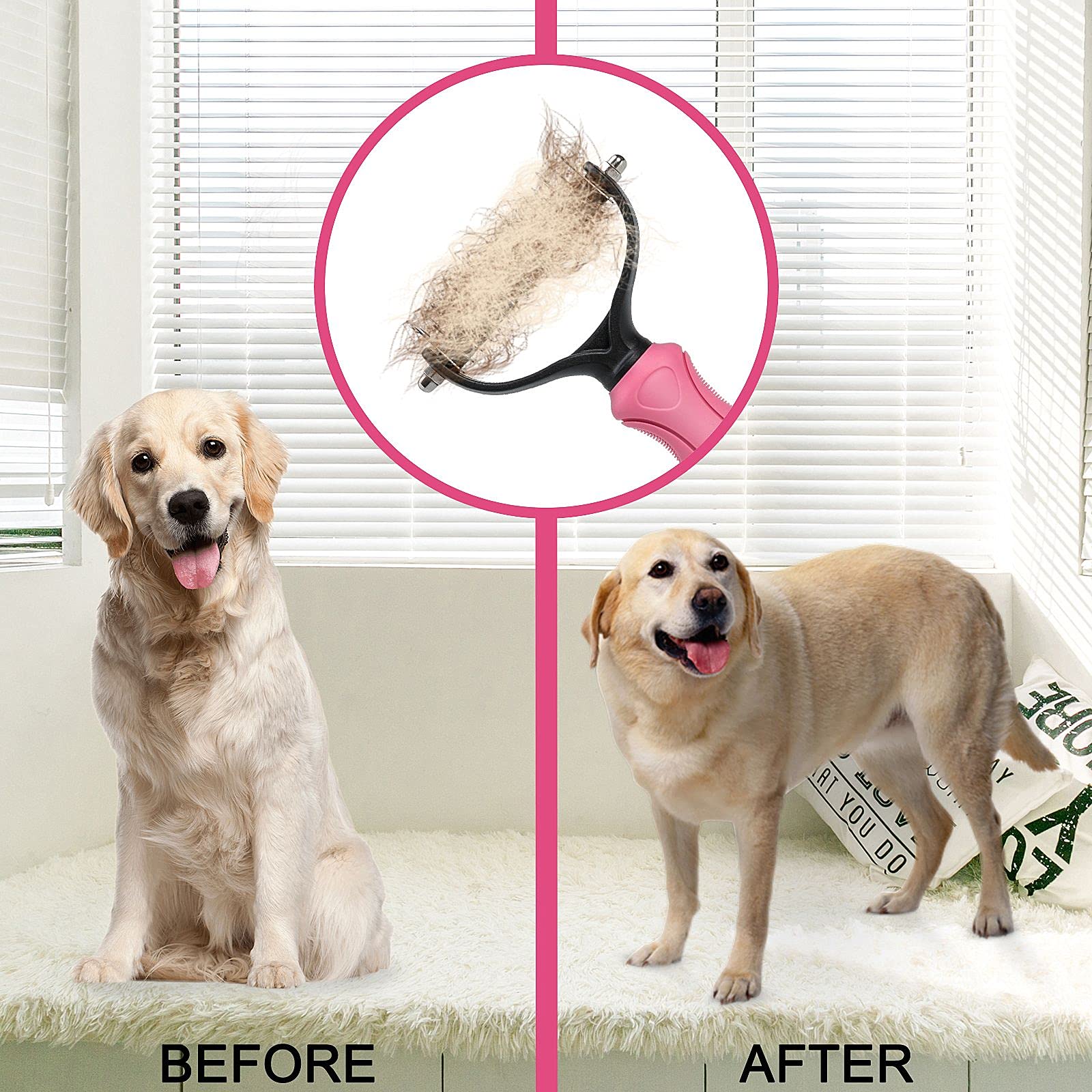 Whoobell Undercoat Rake For Dogs, 2 Side Undercoat Brush For Deshedding And Dematting For Dog Cat Rabbit, Professional Pet Grooming Hairtools, Removes Loose Undercoat And Nasty Shedding, Pink
