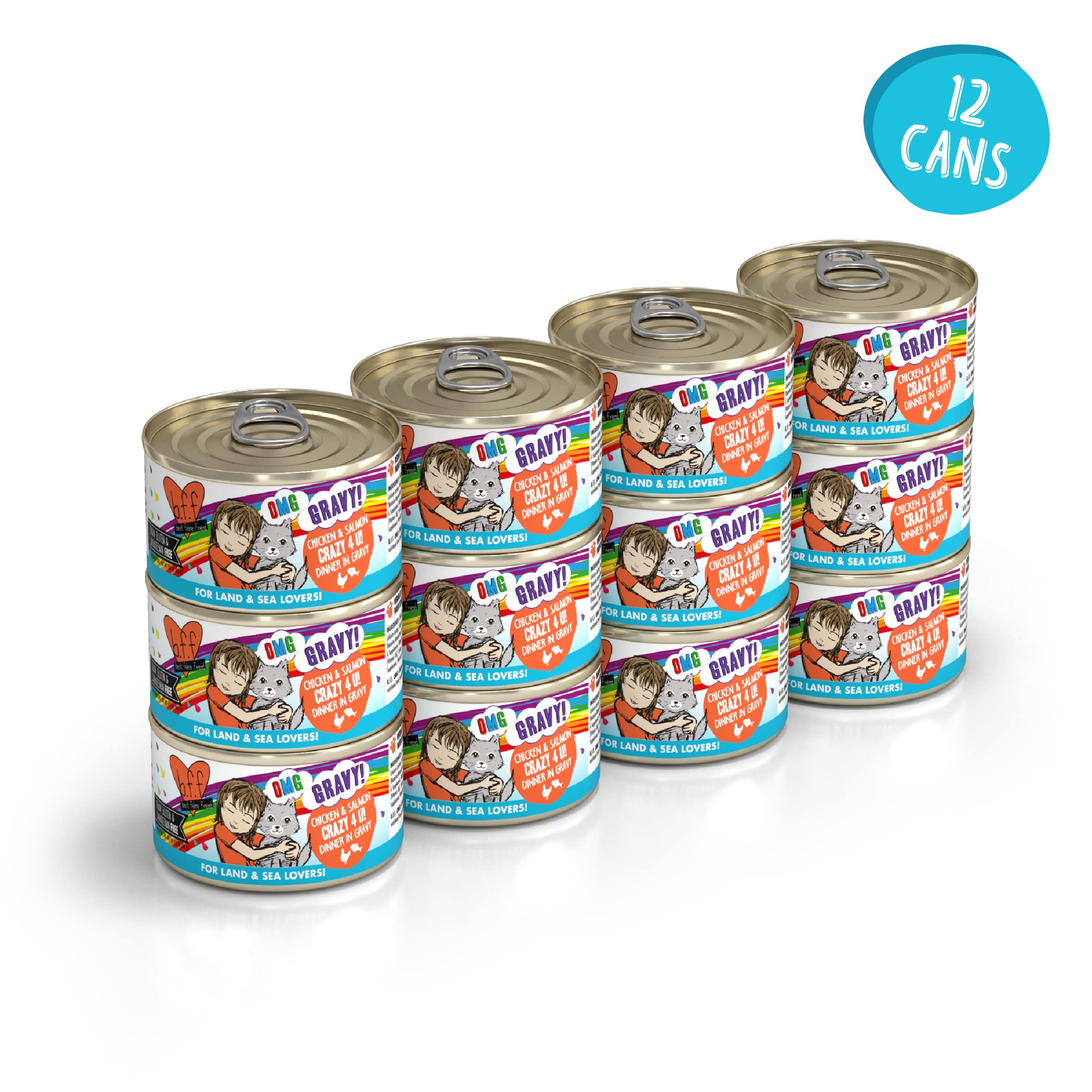Weruva B.F.F. OMG - Best Feline Friend Oh My Gravy! Grain-Free Wet Cat Food Cans, Crazy 4 U! Chicken & Salmon, 2.8oz Can (Pack o