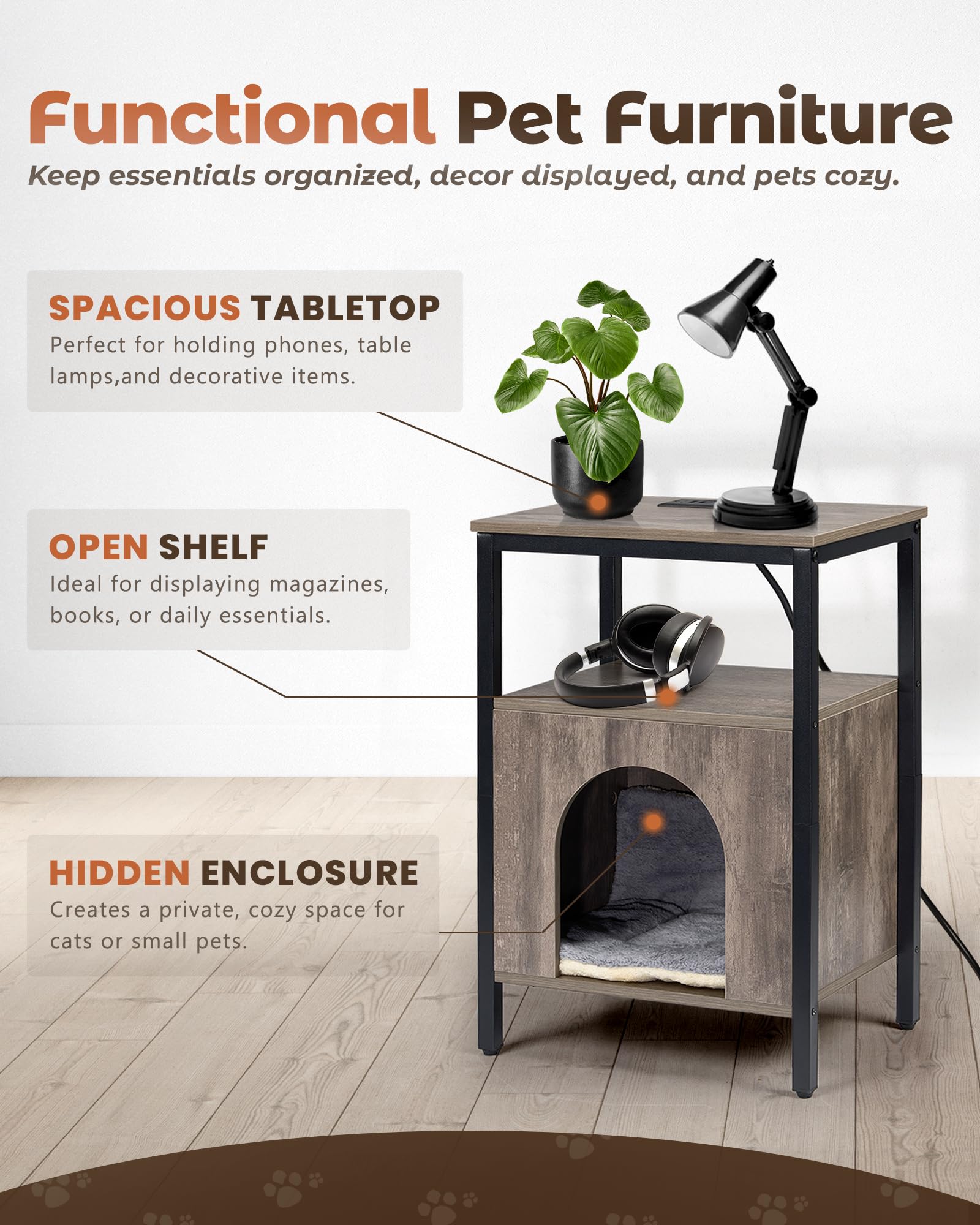 Upolana Cat End Table with Charging Station, Indoor Cat House Side Table with Bed, Cat Cave Hideaway Night Stand, Greige