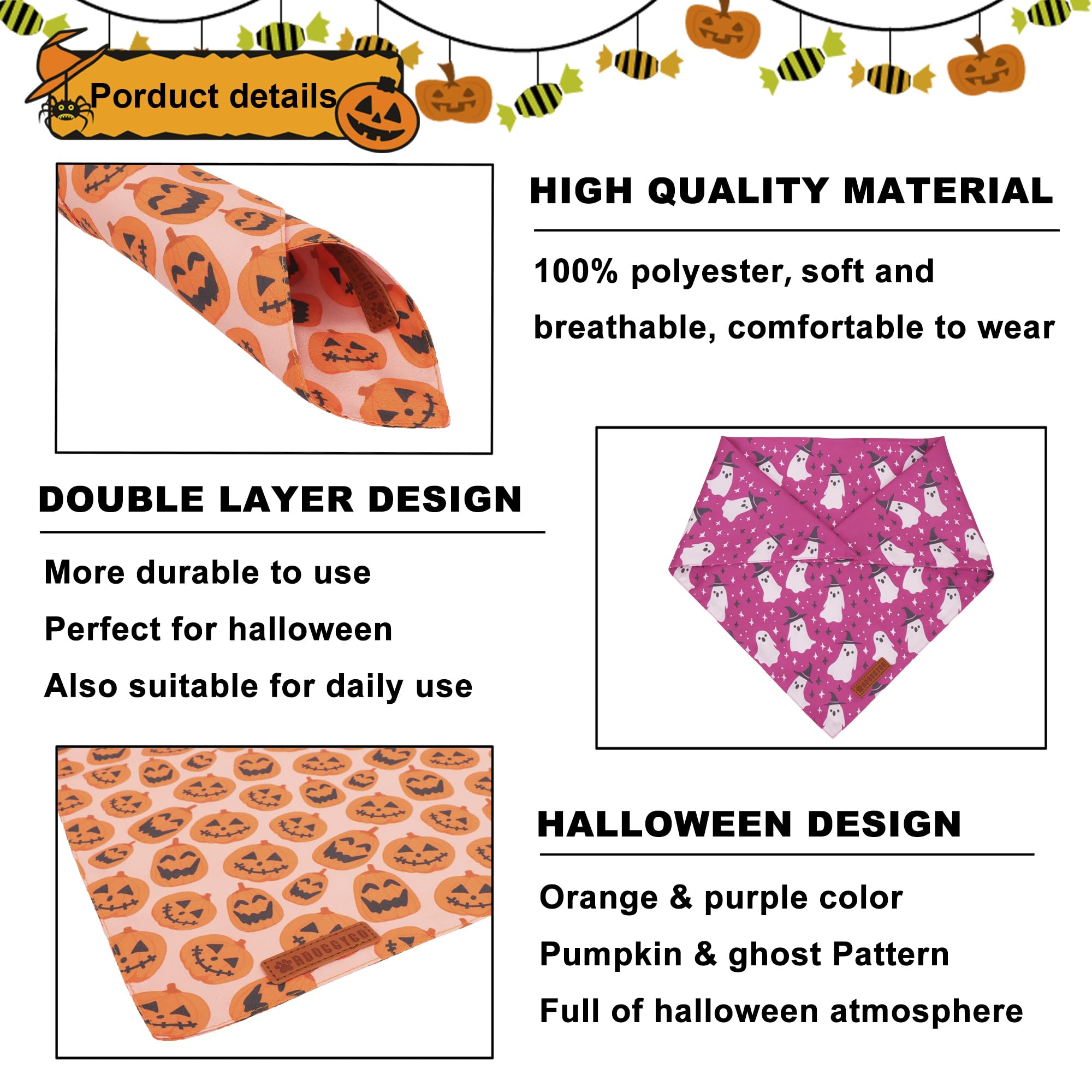 ADOGGYGO Halloween Dog Bandana, Pumpkin Ghost Pet Scarf, Premium Durable Fabric, Adjustable Fit Halloween Bandanas for X-Large D