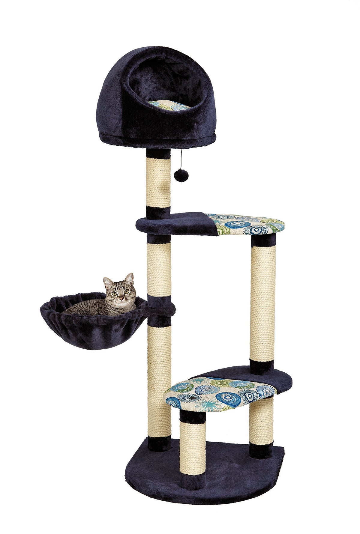Midwest Homes For Pets Cat Tree Resort, 4-Tier Sisal Wrapped Cat Scratching Post, Blue/White Pattern, 24.75L X 37.25W X 60H Inch