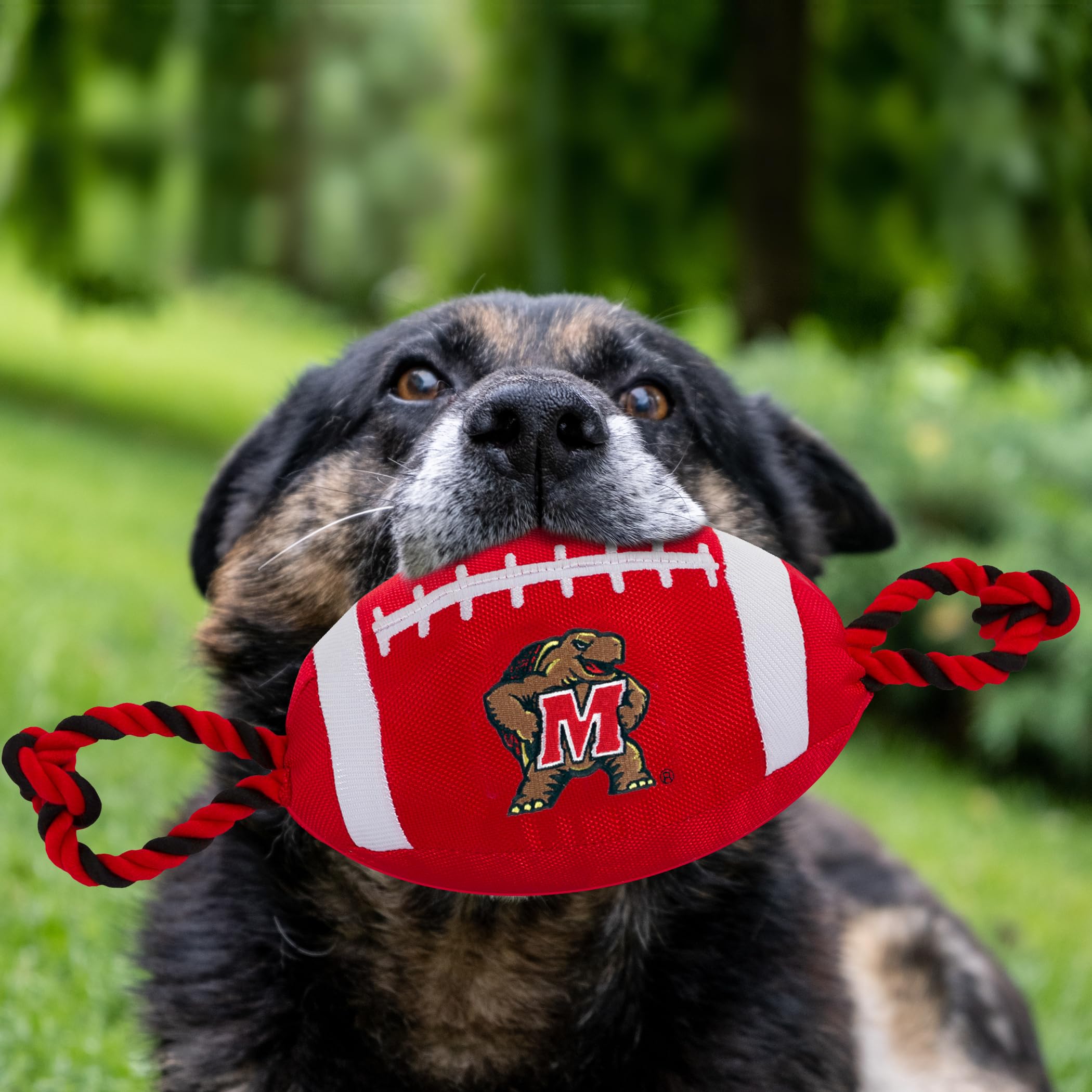 Pets First Maryland Football Dog Toy, Tough Quality Nylon Materials, Strong Pull Ropes, Inner Squeaker, Collegiate Team Color