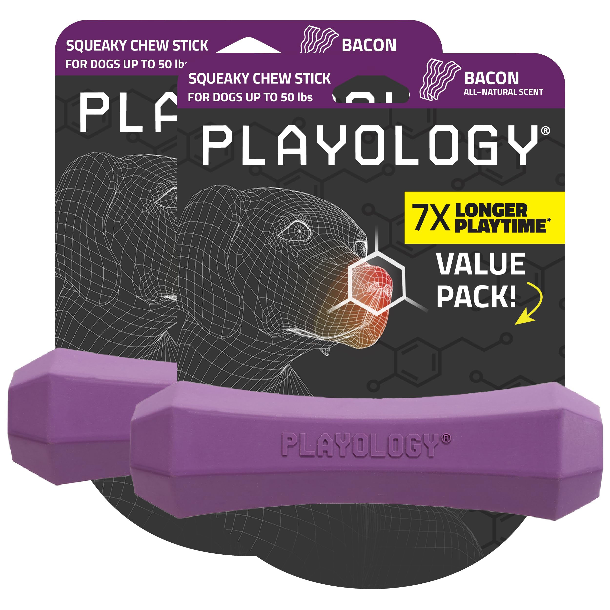 Playology Squeaky Chew Stick Dog Toy Value 2-Pack For Medium Dogs Up To 50Lbs | Engaging All-Natural Bacon Scented Chew Toy For 