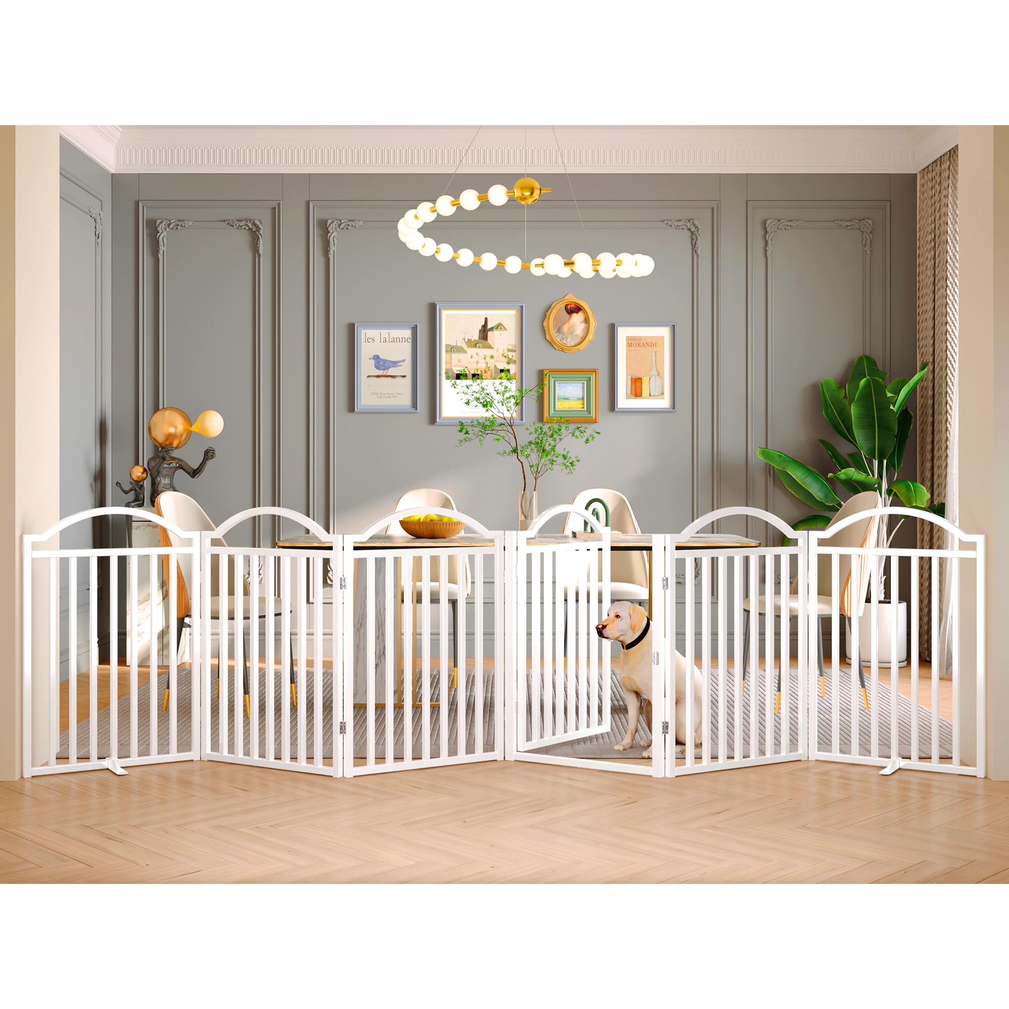 BHG Metal No-Assembly Freestanding Dog Gate with Door Walk Through, Extra Wide 144, Extra Tall 32 Pet Gate, Accordion Puppy Fold
