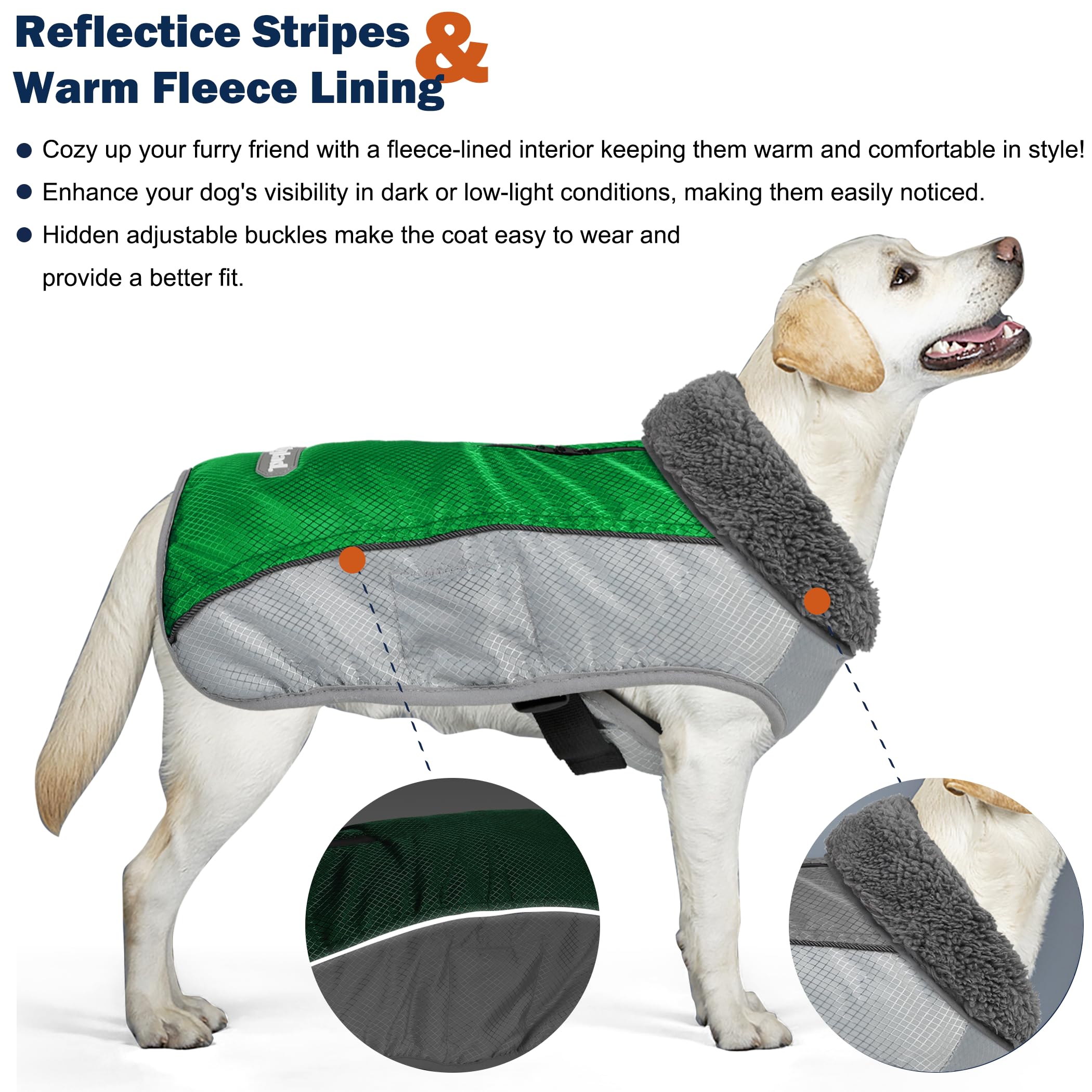 Petglad Dog Coat, Ripstop Waterproof Dog Winter Jacket with Zippered Leash Hole, Reflective Adjustable Dog Fleece Sweater, Warm