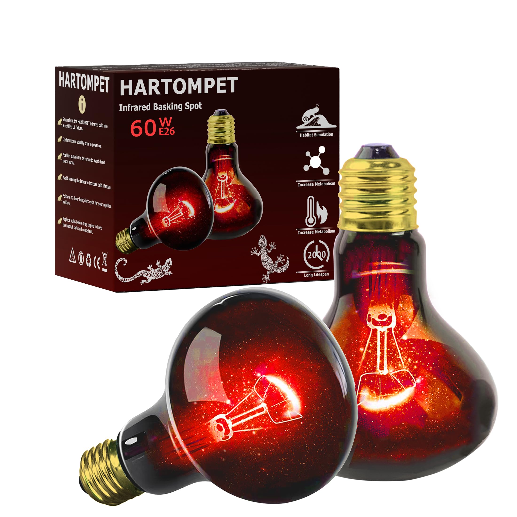 HARTOMPET 60W Infrared Red Heat Lamp for Reptiles, Basking Spot Bulb for Pet Lizards, Bearded Dragons, Chameleons & Snakes, Red 