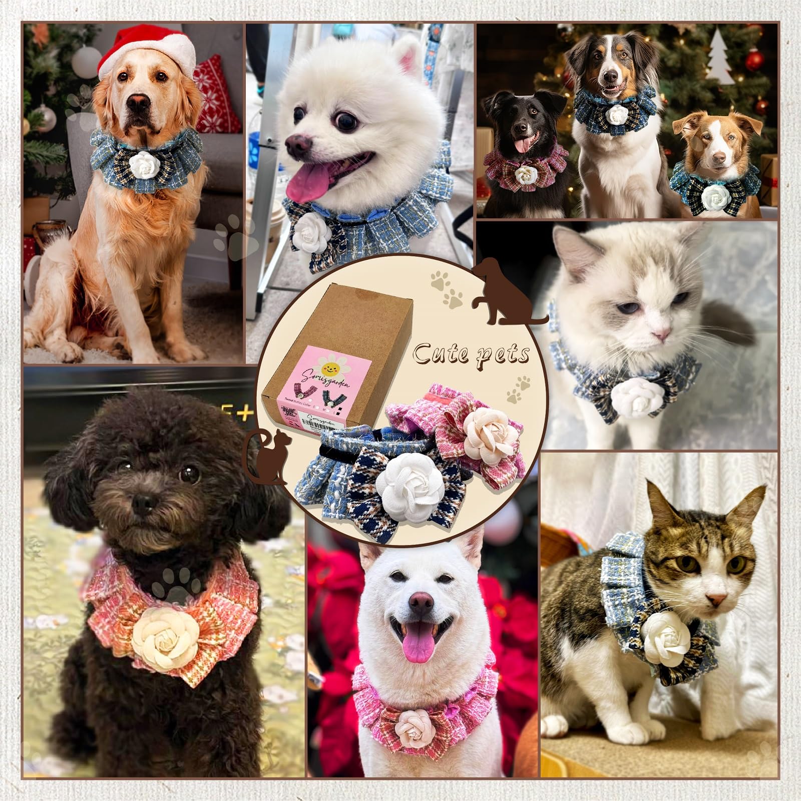 Somisgarden Tweed Ruffles Collar, Christmas Dog & Cat Bandanas, Pet Scarf For Birthday Gift, Premium Durable Fabric Holiday Cost